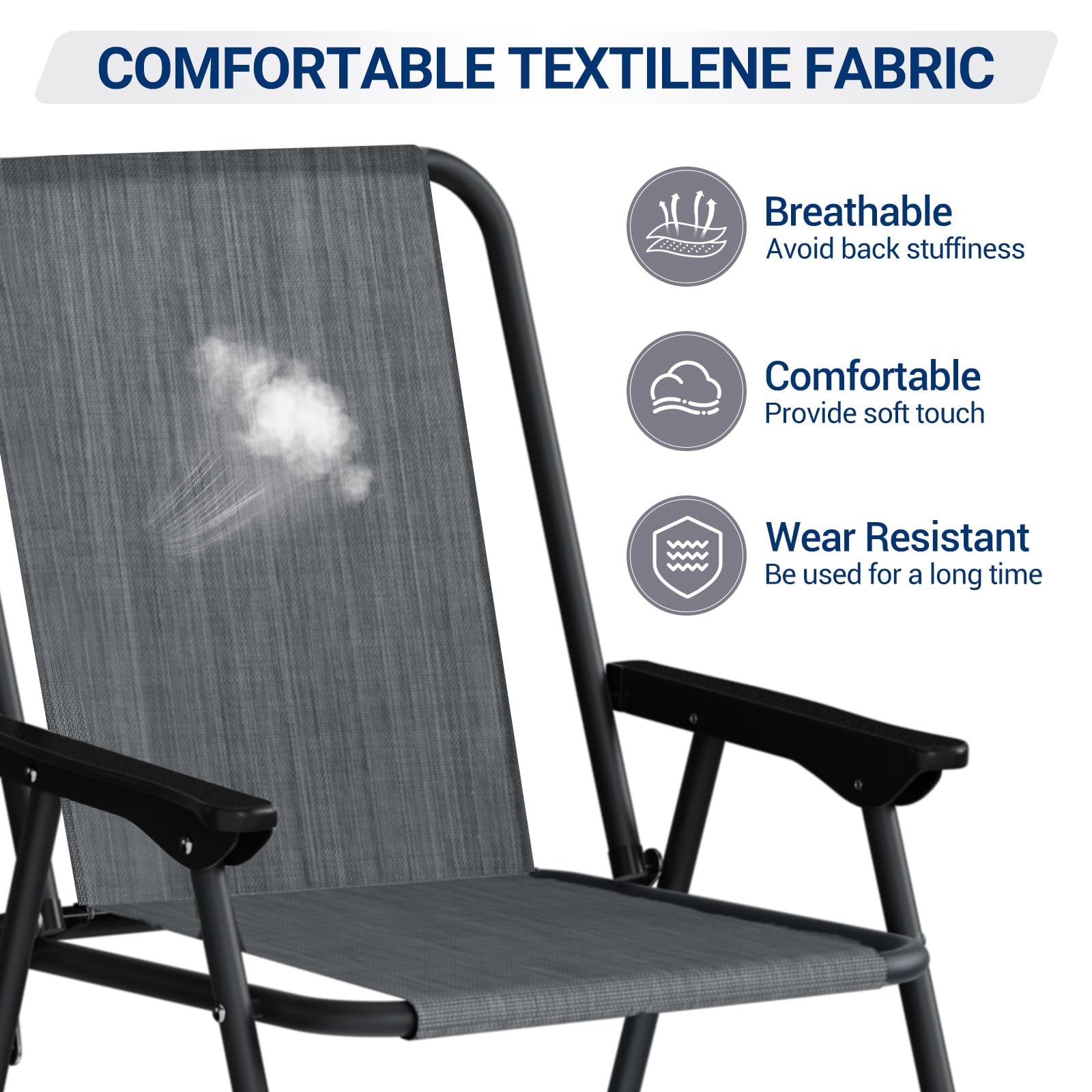 UDPATIO 4-Piece Patio Dining Chair Set - Lightweight Folding Outdoor Chairs with Steel Frame & Weather-Resistant Textilene Fabric (5.7lbs Each, 220lb Capacity) - Grey - Perfect for Backyard, Poolside, Deck, and Garden Relaxation
