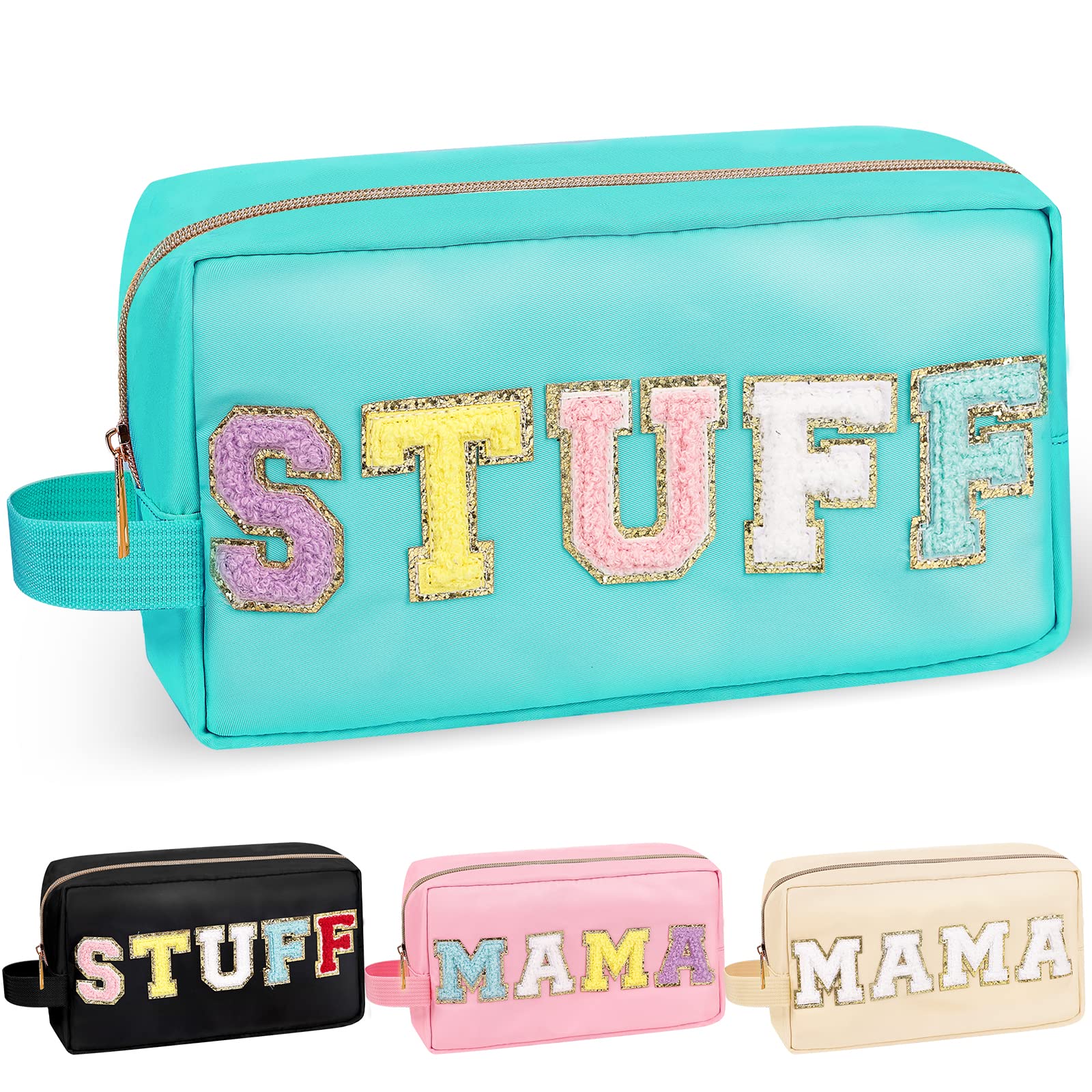 **Chenille Letter Makeup Bag - Nylon Preppy Patch Travel Cosmetic Pouch with Handle, Waterproof Glitter Toiletry Bag for Women & Girls | Portable for Travel, Gym, Beach (STUFF-Green)**