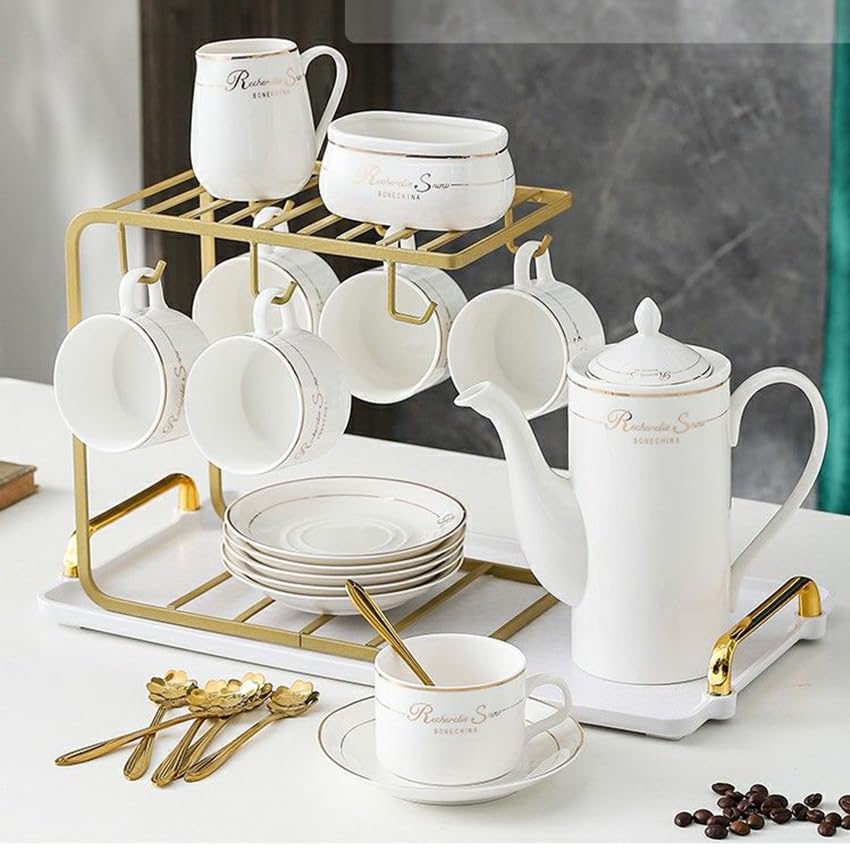 22-Piece Porcelain Teapot Set with Gold Accents - Ceramic Coffee & Tea Cups, Saucers, Sugar Bowl, Creamer & Serving Tray - Elegant Tea Party & Coffee Break Gift Set for Home, Office & Bridal Shower