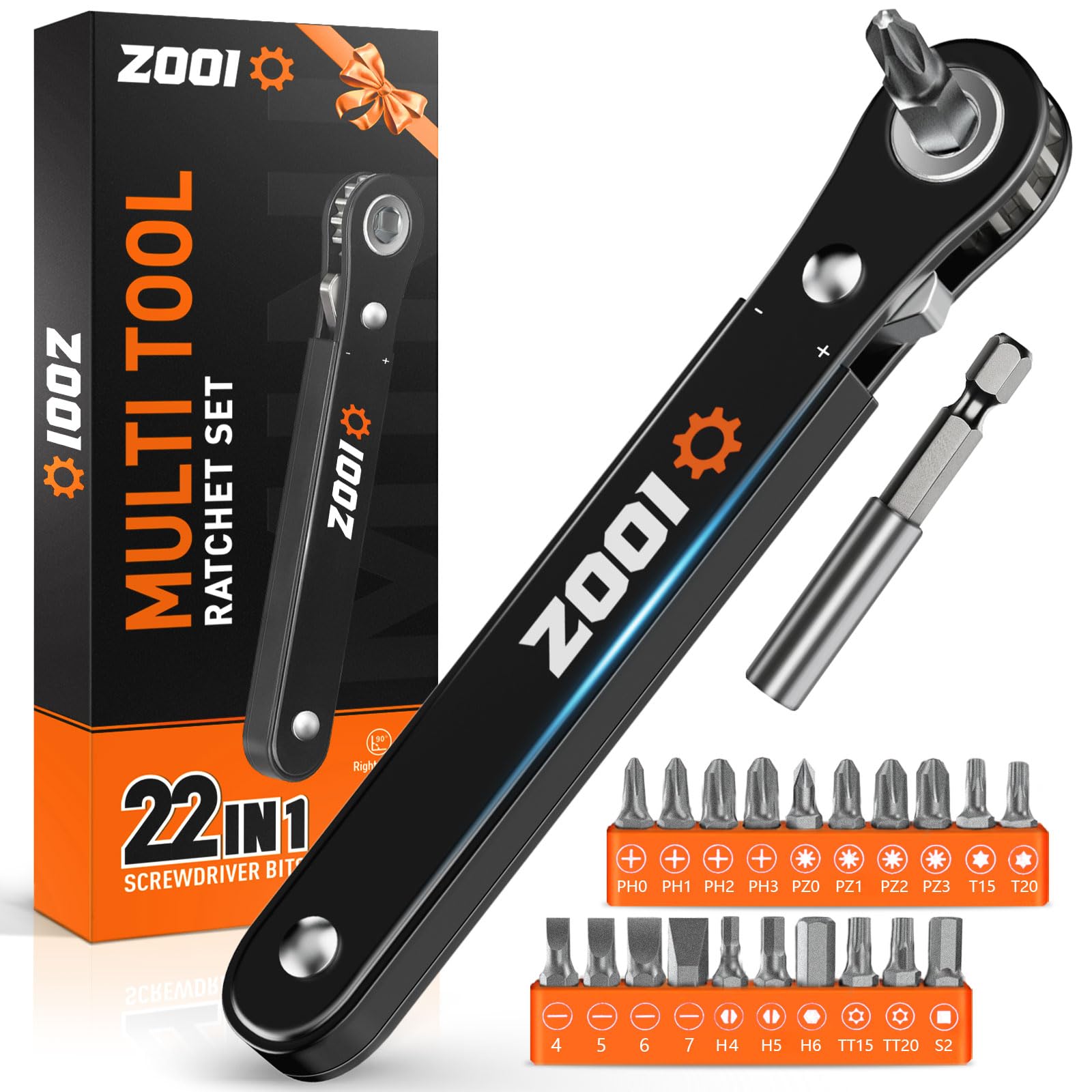 ZOOI 22-in-1 Ratcheting Pocket Screwdriver Set - 90 Degree Right Angle Screwdriver with Low Profile Design - Perfect EDC Tool for Tight Spaces - Ideal Gift for Men, DIY Enthusiasts & Mechanics (Use for Electronics Repair, Automotive Work & Home Improvement Projects)