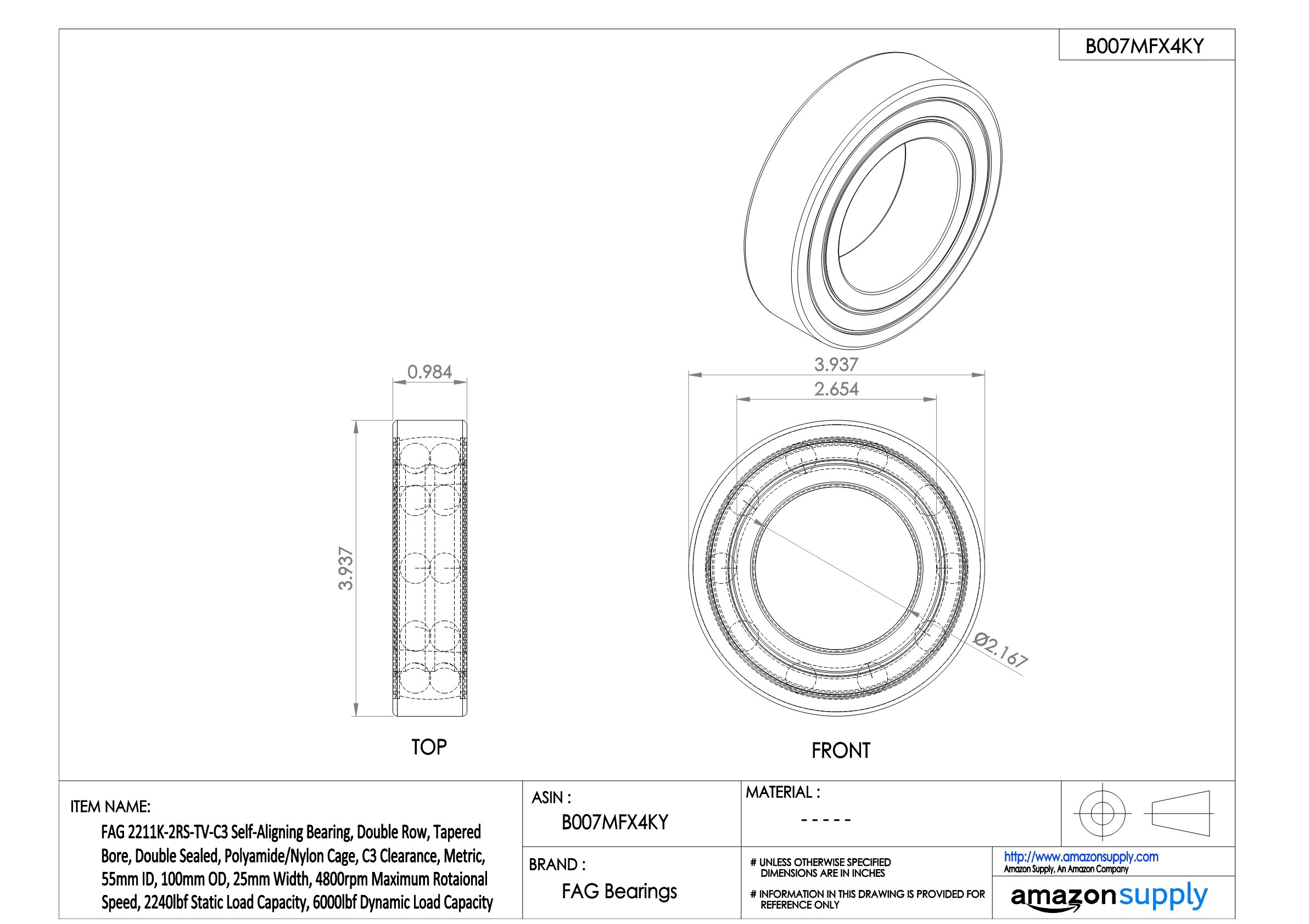 2211K-2RS-TV-C3 Double Row Self-Aligning Ball Bearing with Tapered Bore - Metric Size 55x100x25mm - Double Sealed, Nylon Cage, C3 Clearance, 4800 RPM - Ideal for Industrial Machinery, Conveyor Systems & Heavy Equipment Applications