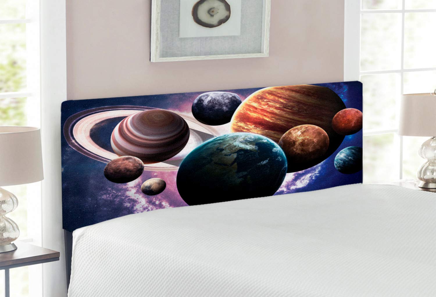 Ambesonne Space Headboard - Solar System Planets Design with Mercury, Jupiter, Saturn & Universe Theme | Upholstered Decorative Metal Bed Headboard with Memory Foam | Full Size Multicolor Headboard for Bedroom Decor | Perfect for Space-Themed Rooms, Kids' Bedrooms & Astronomy Lovers