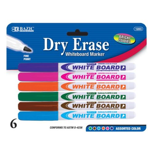 BAZIC 6-Pack Fine Tip Dry Erase Markers - Vibrant Colors for Whiteboards, Office, School & Home Use - 72-Pack Bulk Set for Teachers, Students & Professionals