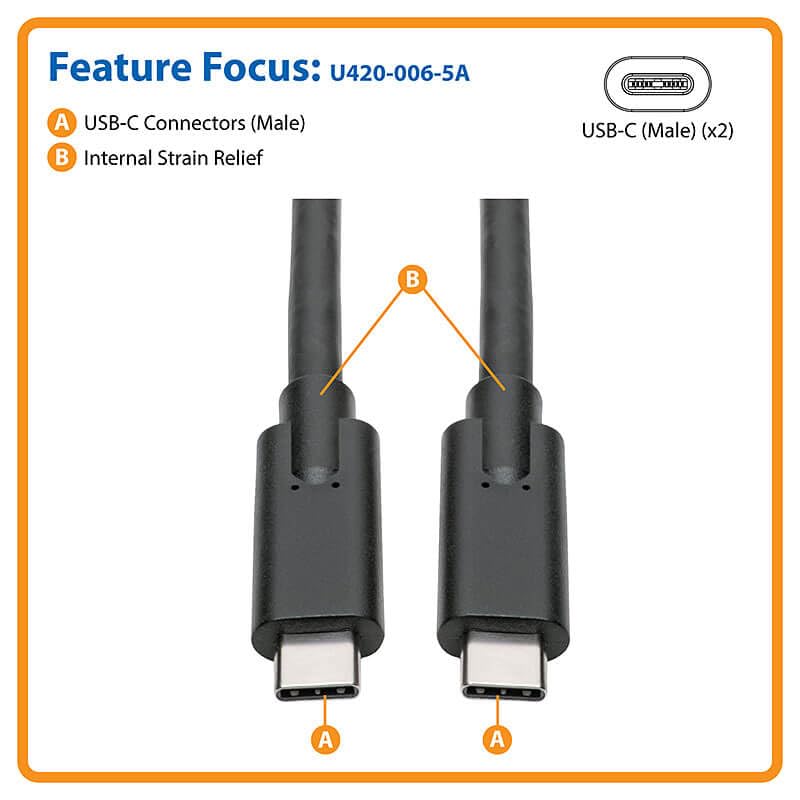 Tripp Lite USB C to USB C Cable 6ft - USB 3.1 Gen 1 Fast Charging Cord (5A 100W PD, 5Gbps Data Transfer) - Black (U420-006-5A) - Perfect for MacBook Pro, Galaxy S23 & Power Delivery Devices