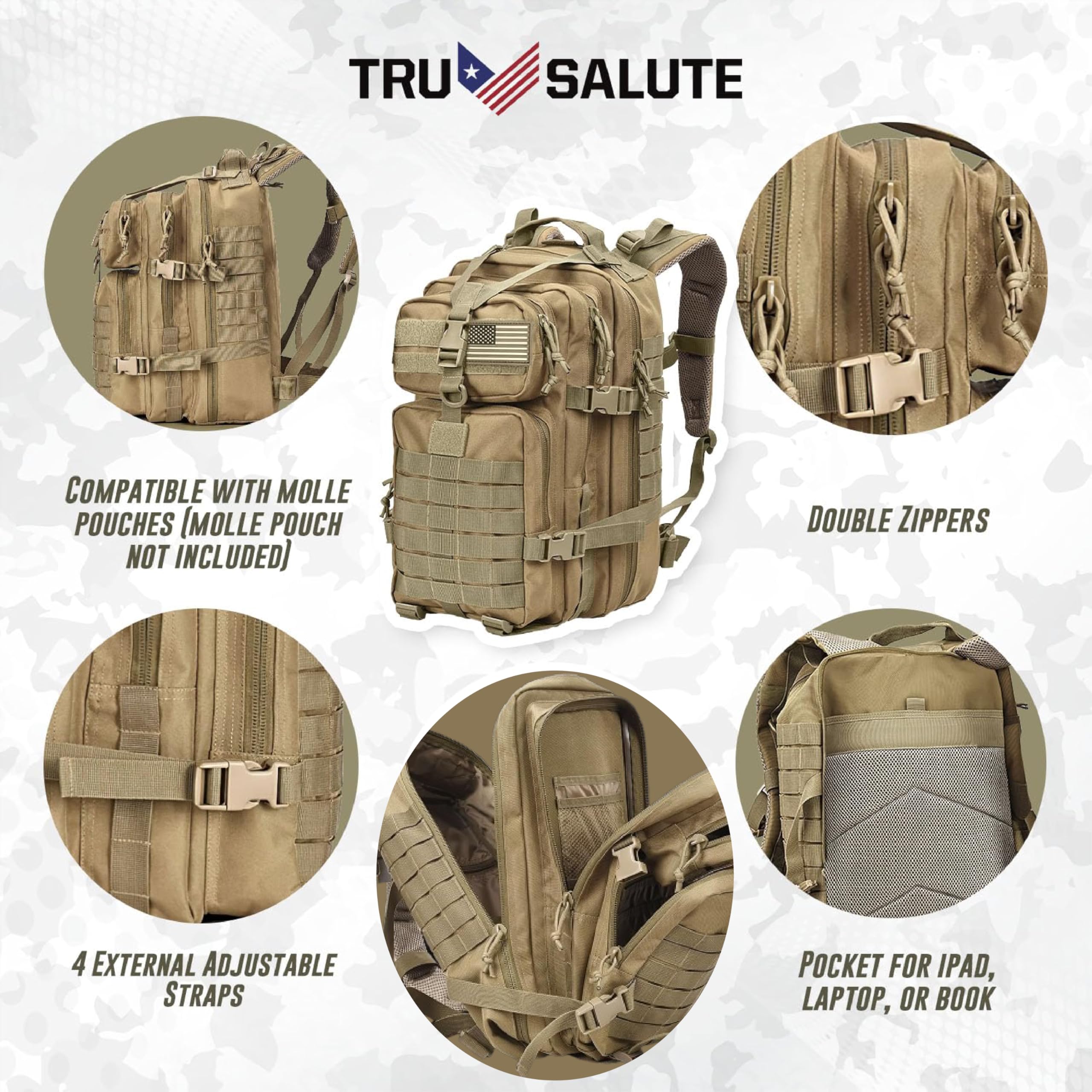 Tru Salute 45L Military Tactical Backpack - Large Army 3-Day Assault Pack with MOLLE System - Bug Out Bag & Rucksack (Tan) - Perfect for Camping, Hiking, and Outdoor Adventures