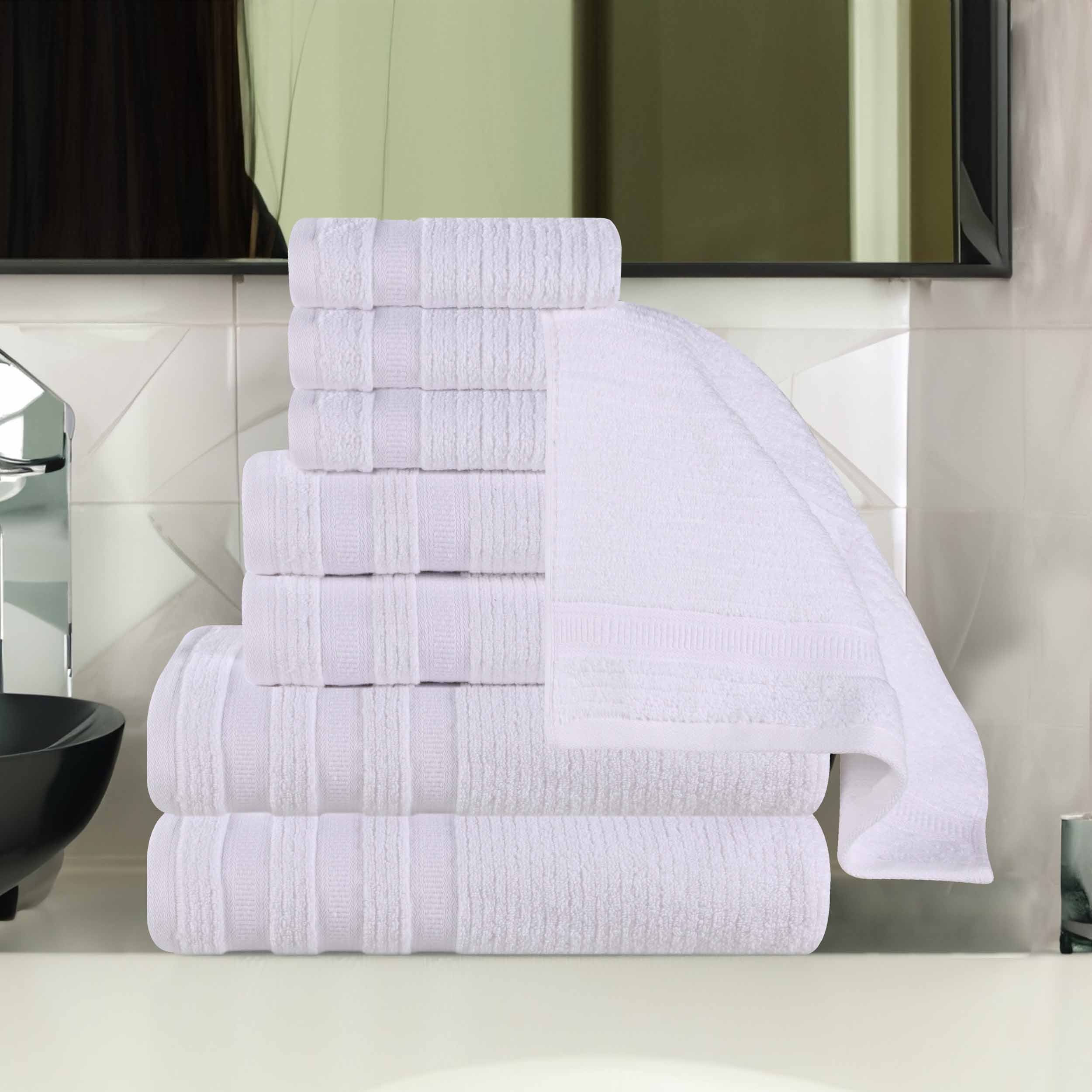 Premium Zero Twist Cotton Ribbed Geometric Border 8-Piece Towel Set | Ultra Soft Bath & Beach Towels for Spa, Pool & Home Decor