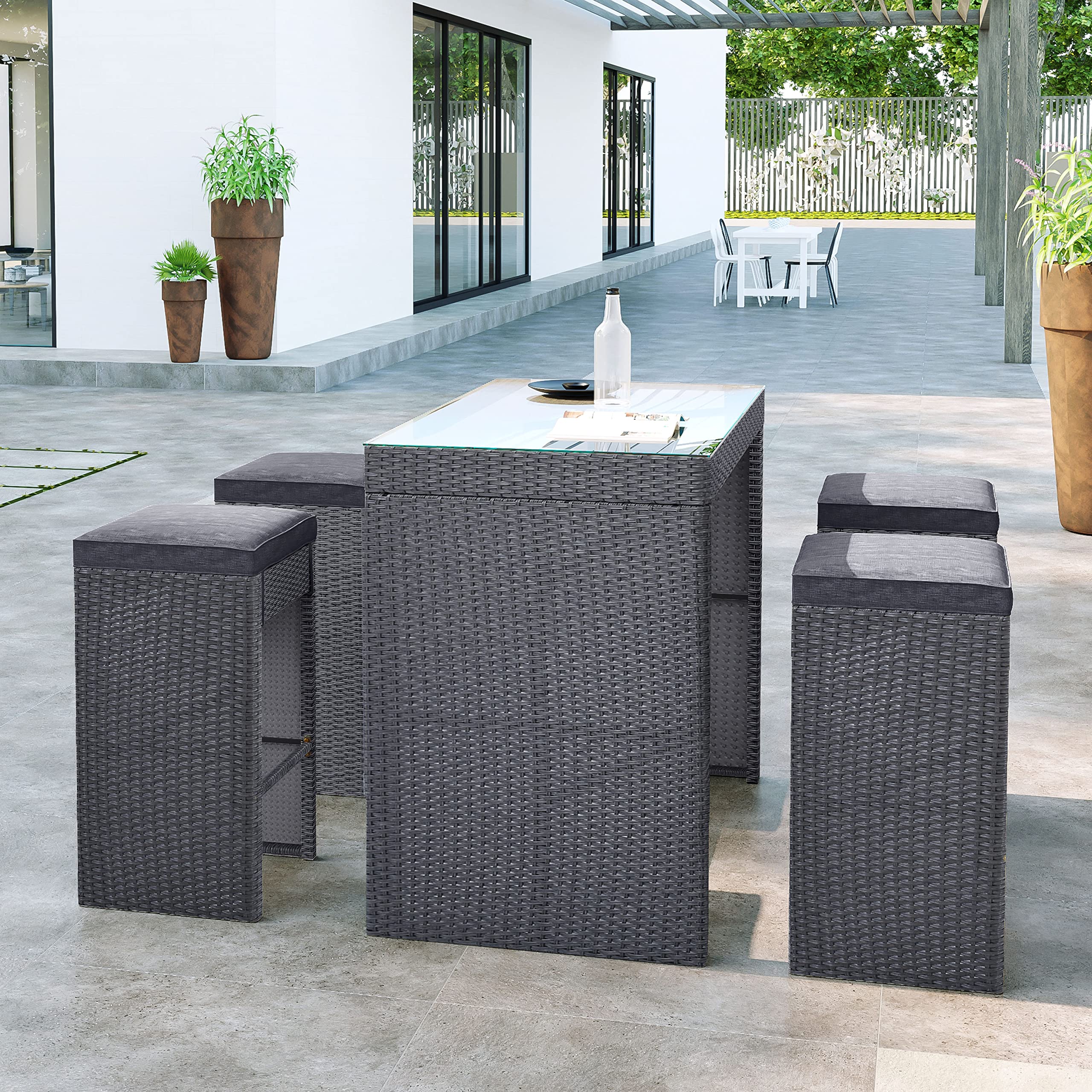 5-Piece Rattan Outdoor Patio Furniture Set with 4 Stools & Gray Cushions - Wicker Bar Dining Table for Backyard, Garden, Poolside or Balcony