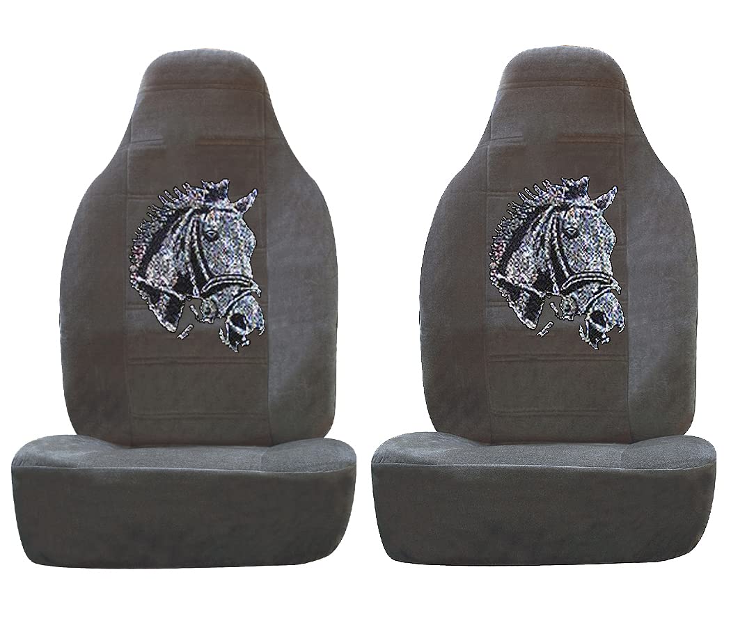 Sparkling Crystal Rhinestone Gray High Back Bucket Seat Covers - Universal Fit for Car, SUV & Truck (2-Piece Set, Horse Grey) | Luxury Car Interior Upgrade for Women & Girls