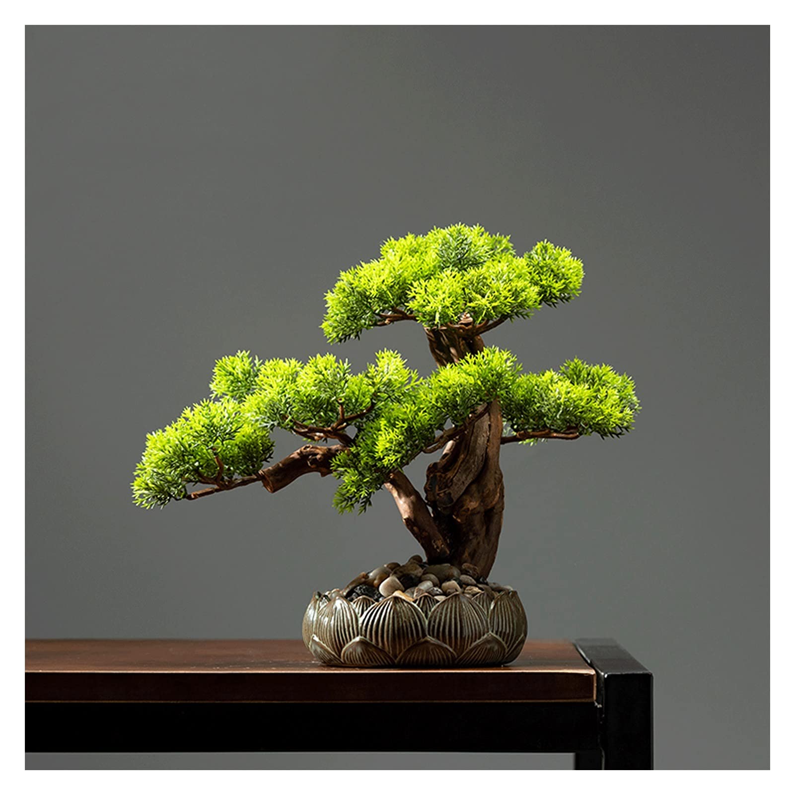 TOMYEUS 11 Inch Artificial Bonsai Pine Tree in Lotus Pot - Realistic Faux Plant for Home, Office, Garden Decor - Perfect for Balcony, Bedroom & Indoor Aesthetic Decorations
