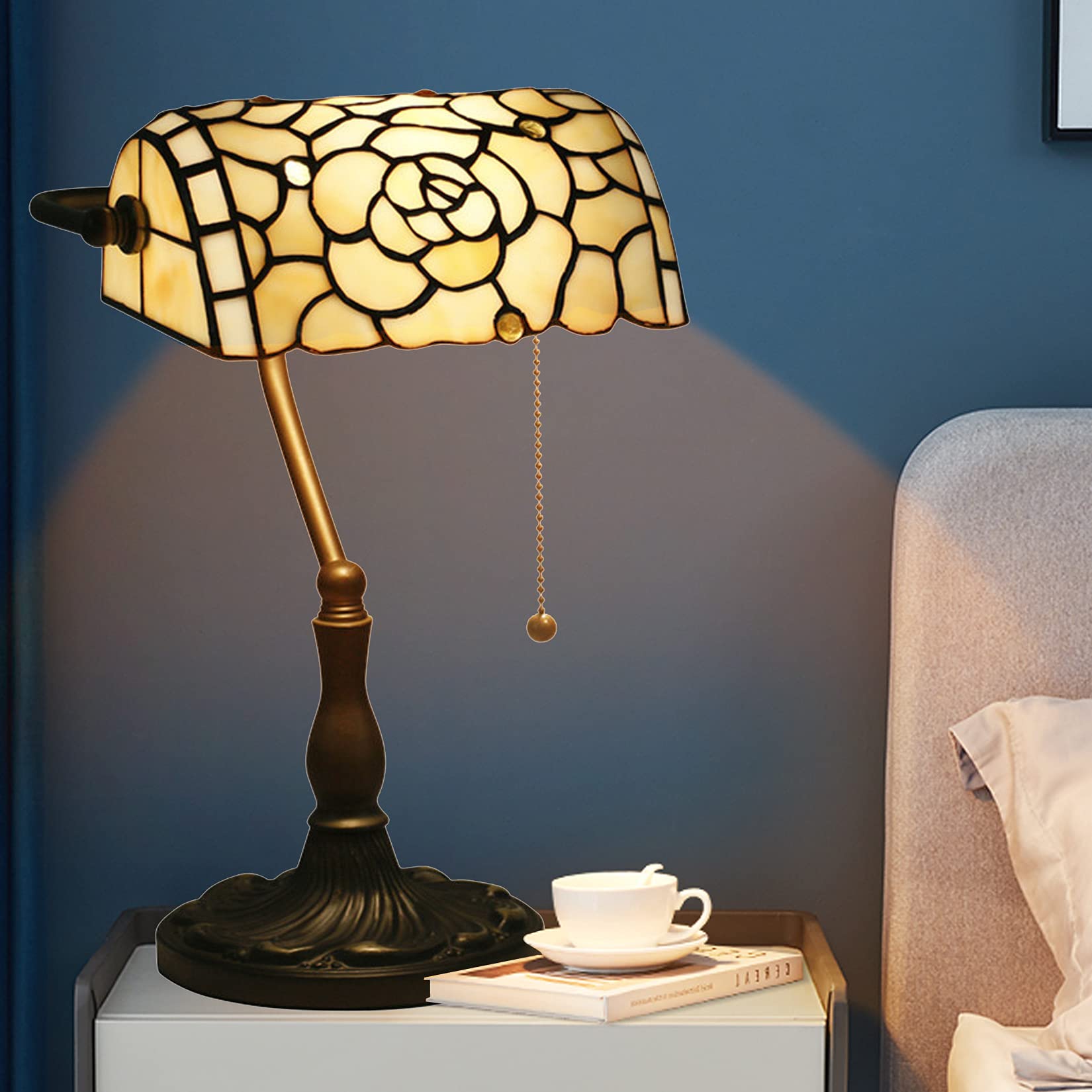 Vintage Tiffany Style Table Lamp with Rose Stained Glass Shade - Banker Desk Lamp for Living Room, Bedroom & Office - Elegant Bedside Lighting for Home Decor & Reading