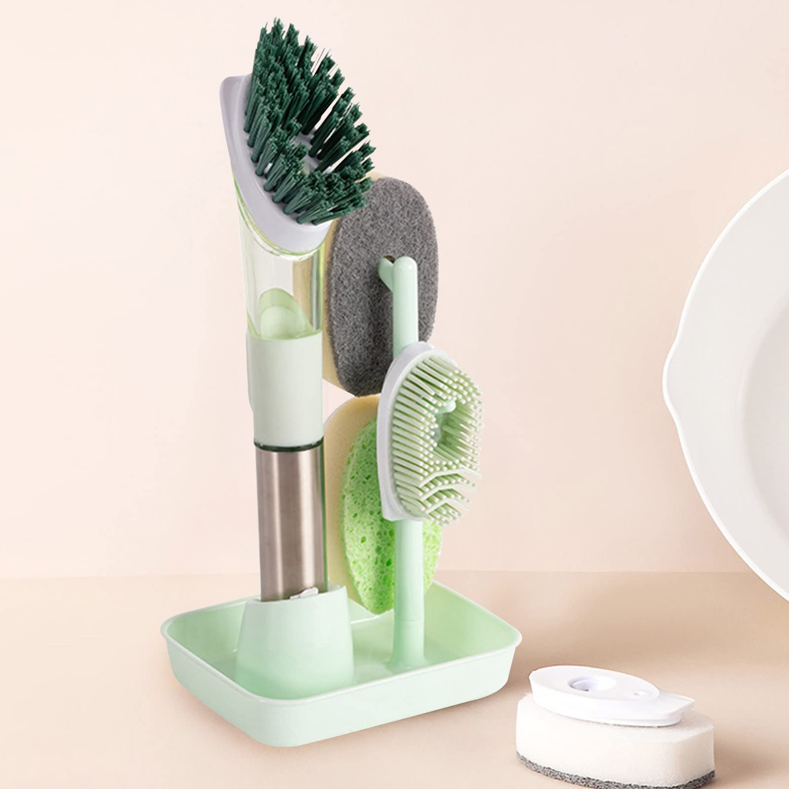 Eco-Friendly Dish Brush Set with 4 Replaceable Heads & Stand - Long Handle Kitchen Scrubber for Pots, Pans & Dishes | Gentle TPR Wood Pulp Cotton Sponge | Perfect for Daily Dishwashing & Tough Stains