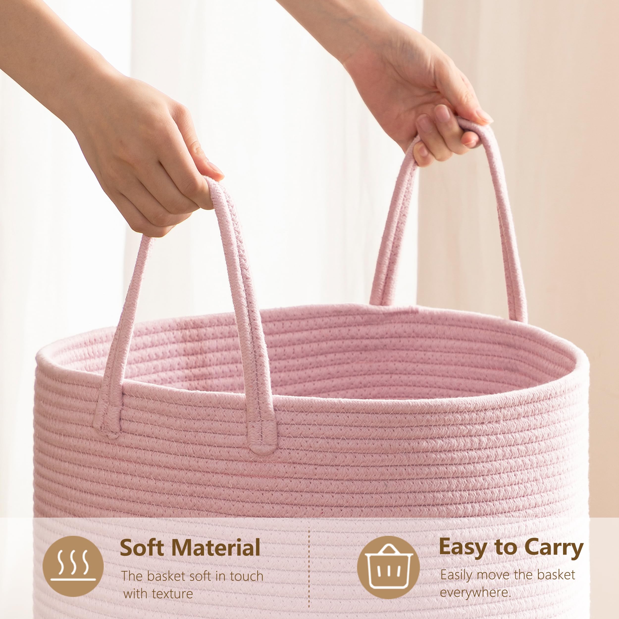 72L Large Woven Laundry Basket Hamper - Pink Clothes Storage Organizer for Bedroom, Nursery & Living Room | Perfect for Baby Toys, Blankets & Household Laundry Organization