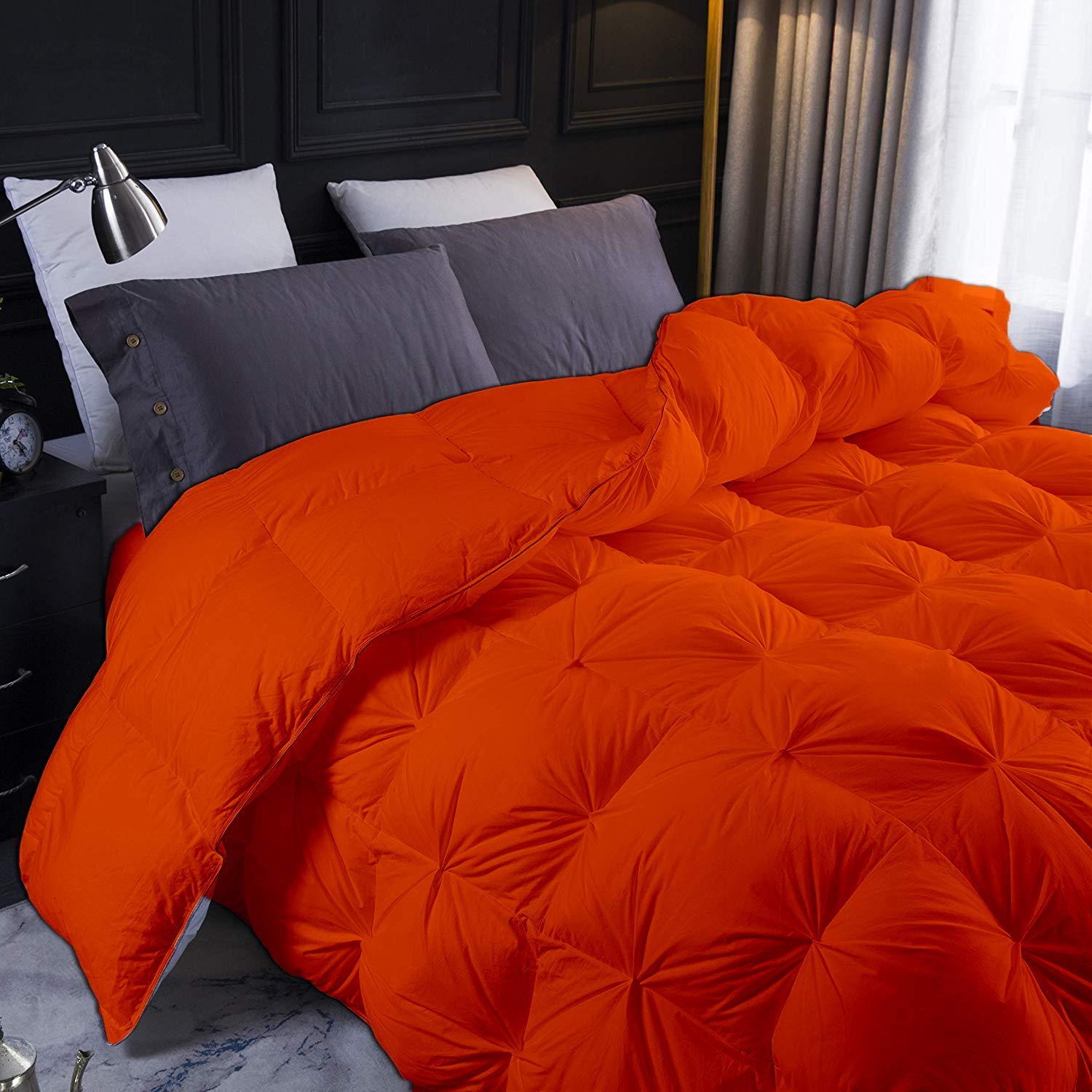 Luxury 500 GSM Pinch Pleated Comforter Set with 2 Pillowcases - Oversized Queen Cotton Bedding in Orange | Pin Tuck Alternative for Cozy Bedroom Decor & Guest Room Styling