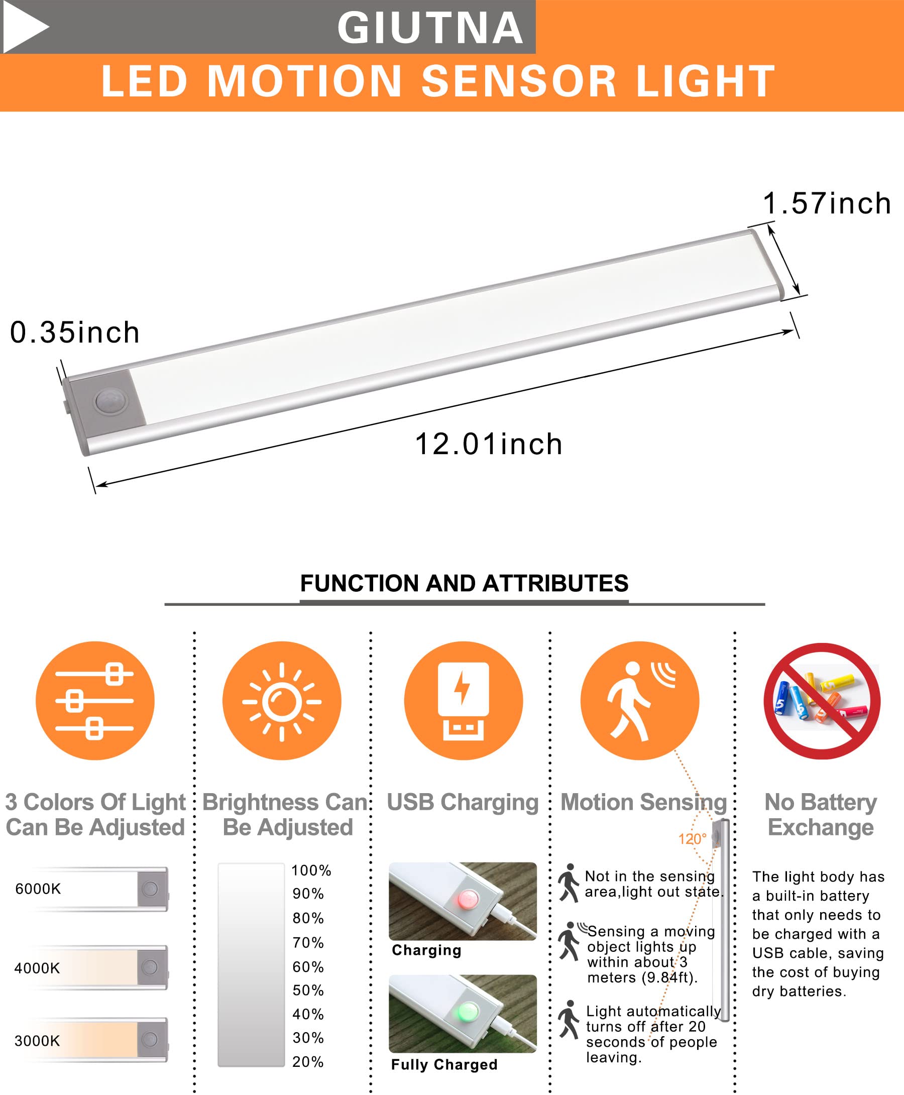 Rechargeable Motion Sensor LED Cabinet Light - Wireless USB Under Counter Closet Lighting, Magnetic Stick-On Night Light Bar for Wardrobe, Kitchen, Stairs (2 Pack, 12.01inch 51LED) - Perfect for Dark Spaces & Nighttime Safety