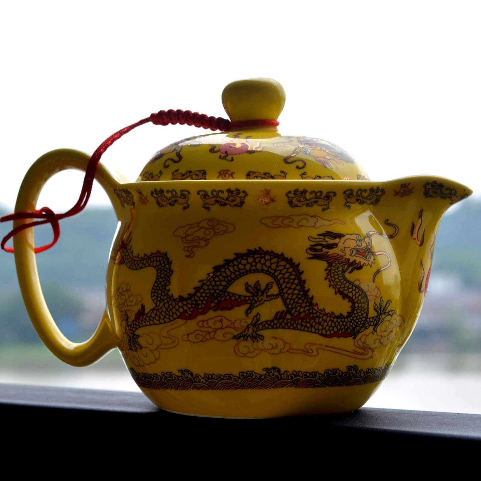 12oz Chinese Dragon Teapot with Infuser - Yellow Porcelain for Loose Tea Brewing at Home