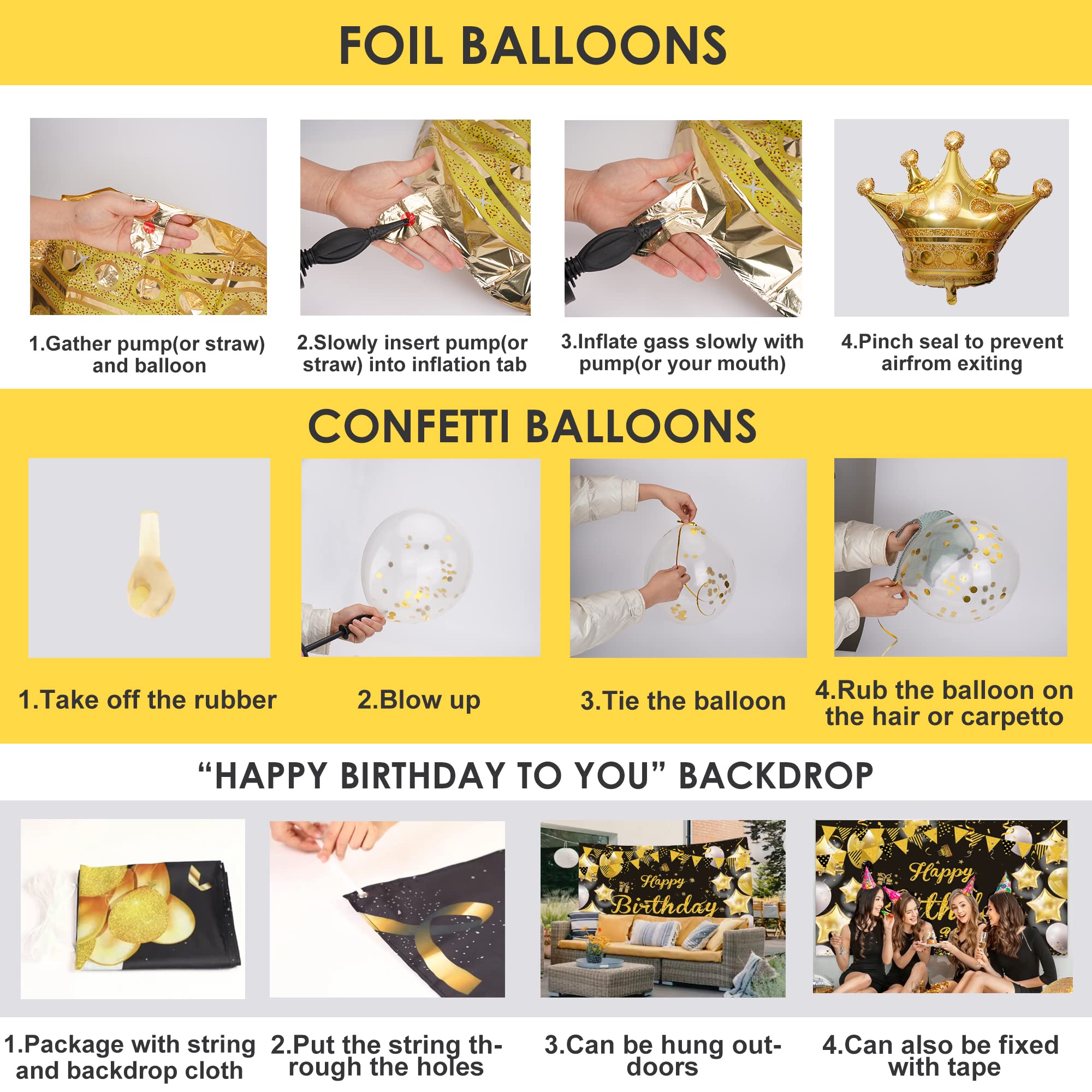 KATBUU Gold & Black Happy Birthday Decorations for Women & Girls - Elegant Party Supplies for Birthdays, Bridal Showers & Special Events