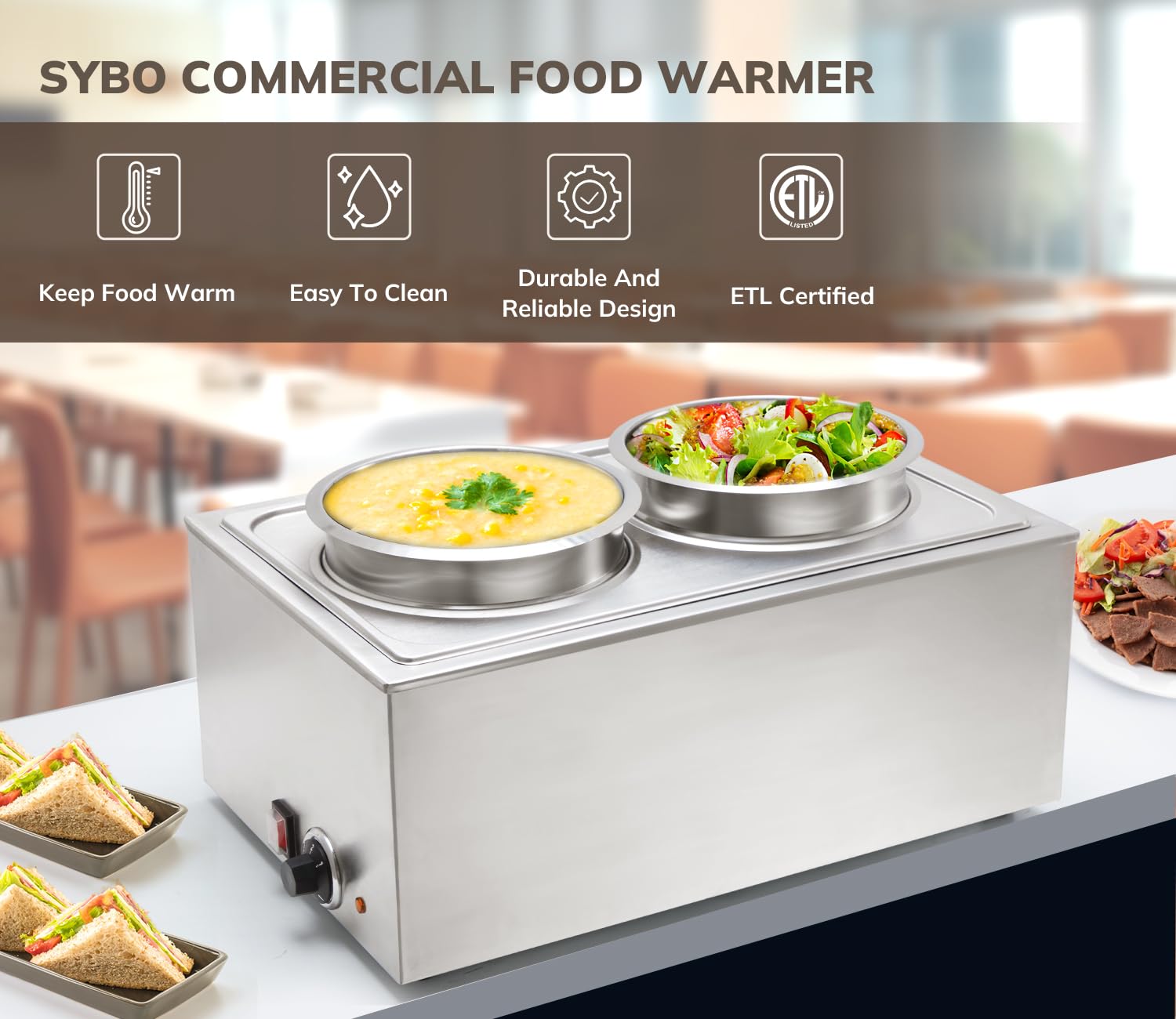 Commercial Grade Stainless Steel Bain Marie Buffet Food Warmer - 2 Round Pots for Catering, Restaurants & Buffets | Keep Food Hot for Events, Banquets & Commercial Kitchens