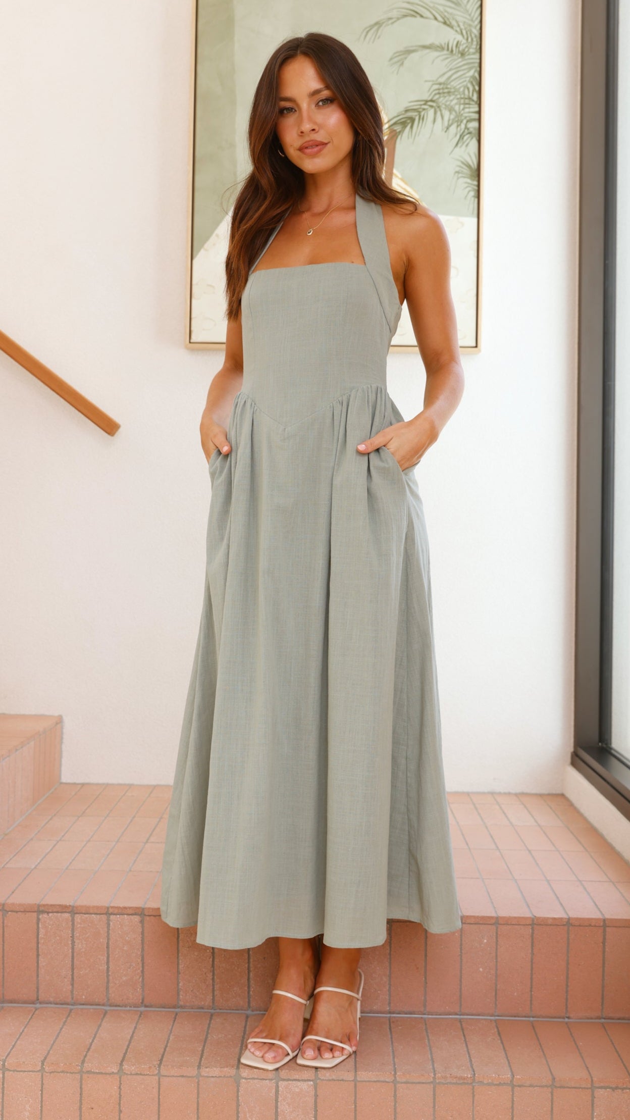 Caden Maxi Dress for Women - Flowy Long Boho Summer Dress in Sage Green | Perfect for Beach, Vacation & Casual Outings