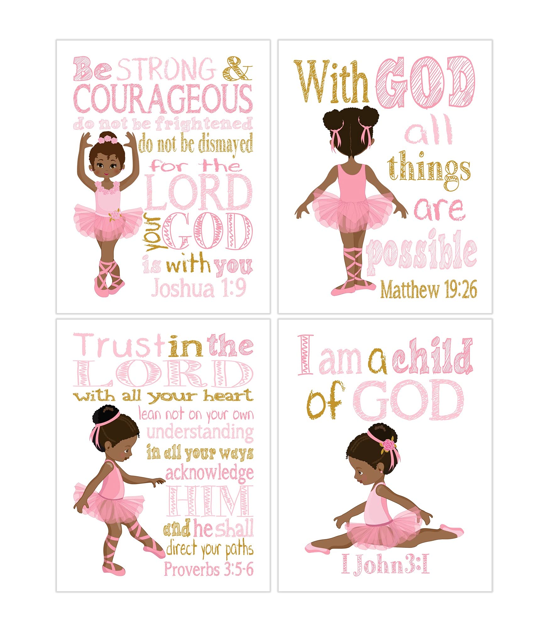 African American Ballerina Nursery Prints - Pink & Gold Bible Verse Decor for Christian Baby Room