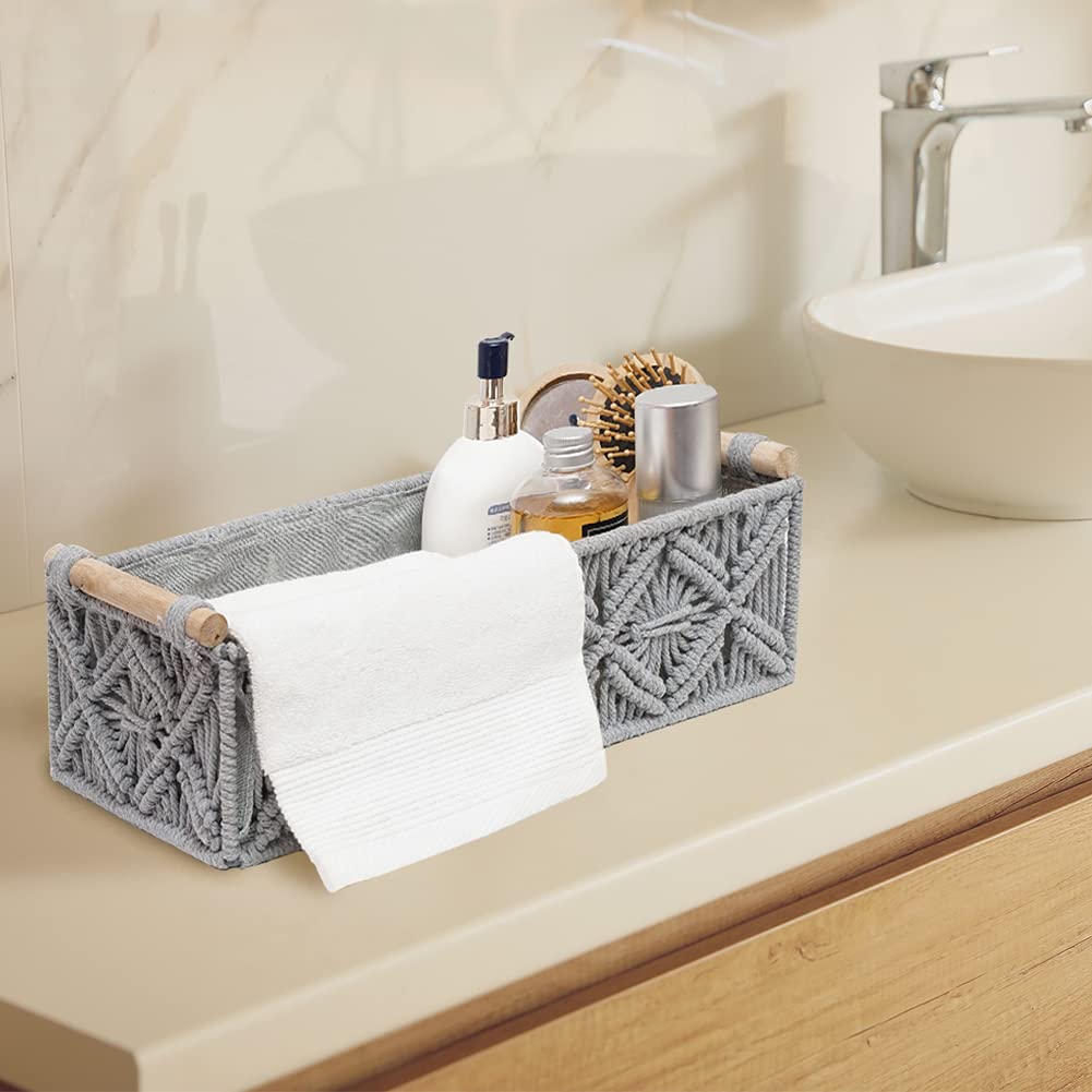 Macrame Storage Basket Set of 2 - Boho Woven Decorative Baskets for Home Organization, Bathroom Countertop, Toilet Paper Holder, Nursery & Living Room Decor - Grey (Perfect for Bedroom, Entryway & Boho Chic Home Decor)