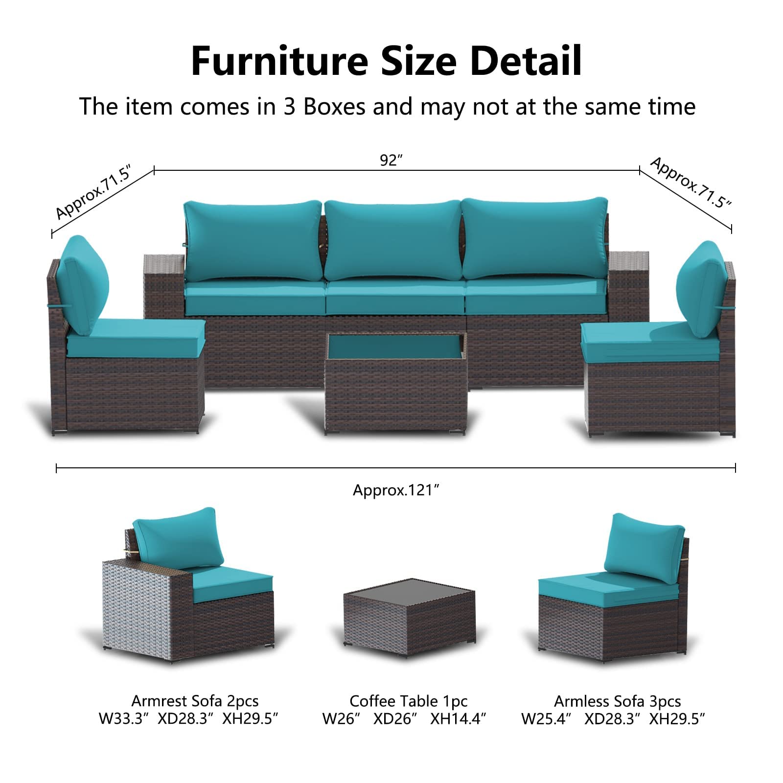 6-Piece Outdoor Patio Furniture Set - All-Weather PE Rattan Sectional Sofa with High Backrest, Coffee Table & Teal Cushions | Perfect for Backyard, Garden, Poolside & Patio Relaxation