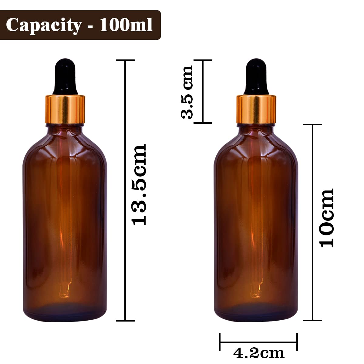 NSB Herbals 100ml Amber Round Empty Glass Bottle with Glass Dropper, Golden Ring & Black Silicone Teat - Refillable Essential Oil Container for DIY Perfumes, Aromatherapy, and Skincare (Pack of 1) - Perfect for Home, Spa, and Travel Use