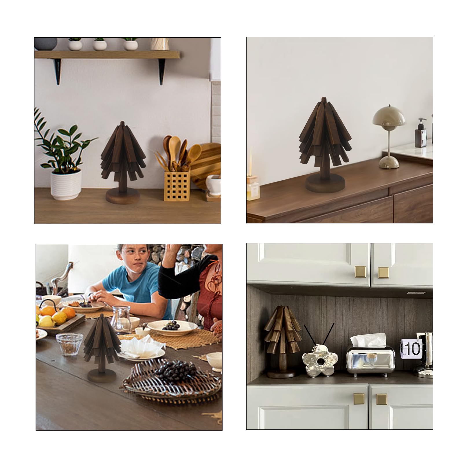 Black Walnut Wooden Trivet Set - 3 Tree-Shaped Hot Dish Coasters with Stand for Pots, Pans & Serving Dishes - Perfect for Kitchen, Dining Table & Outdoor BBQ