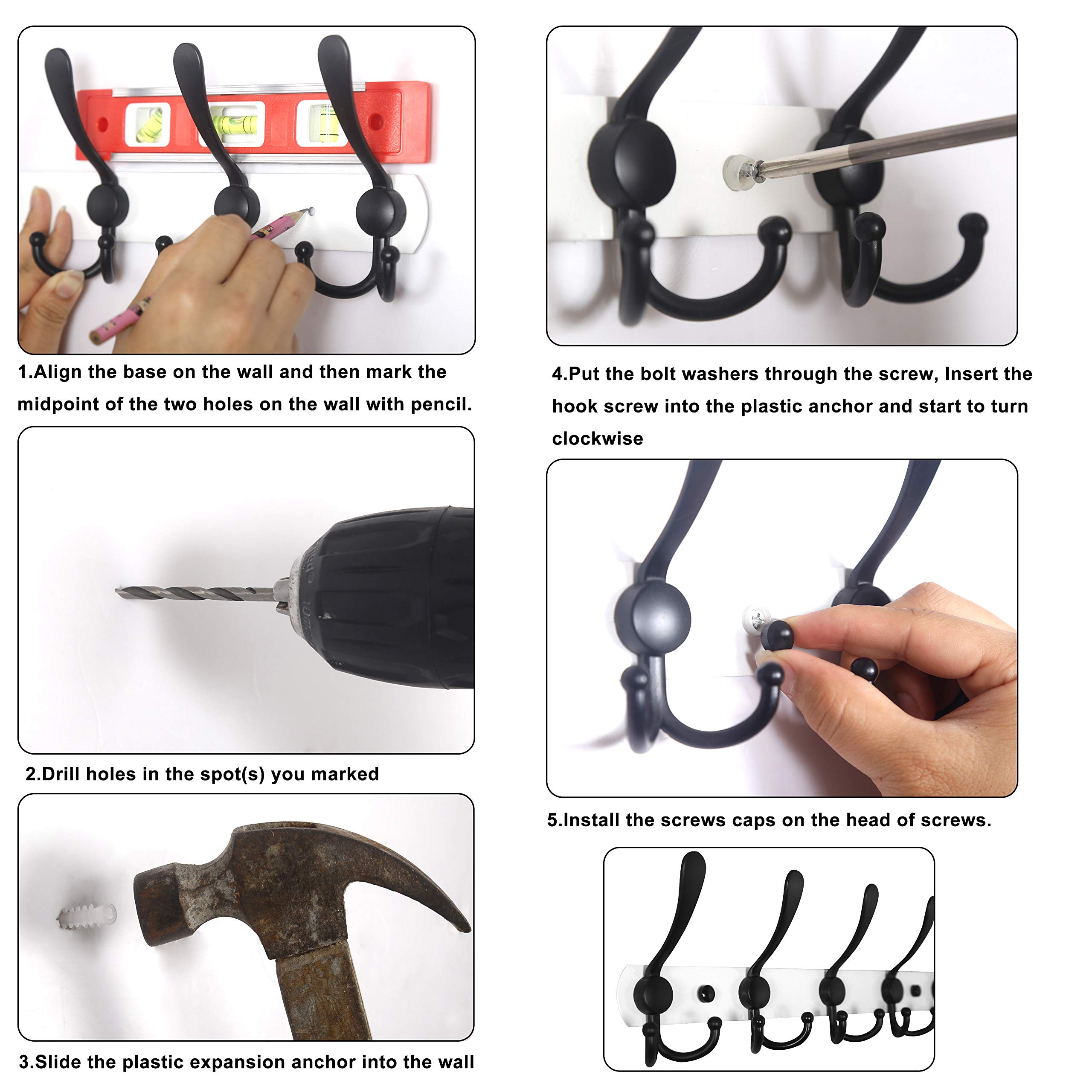 Heavy Duty Metal Wall Mounted Coat Rack with 5 Double Hooks - Black 2 Pack for Entryway, Bedroom & Closet Organization | Durable Clothes Hanger for Jackets, Hats & Bags