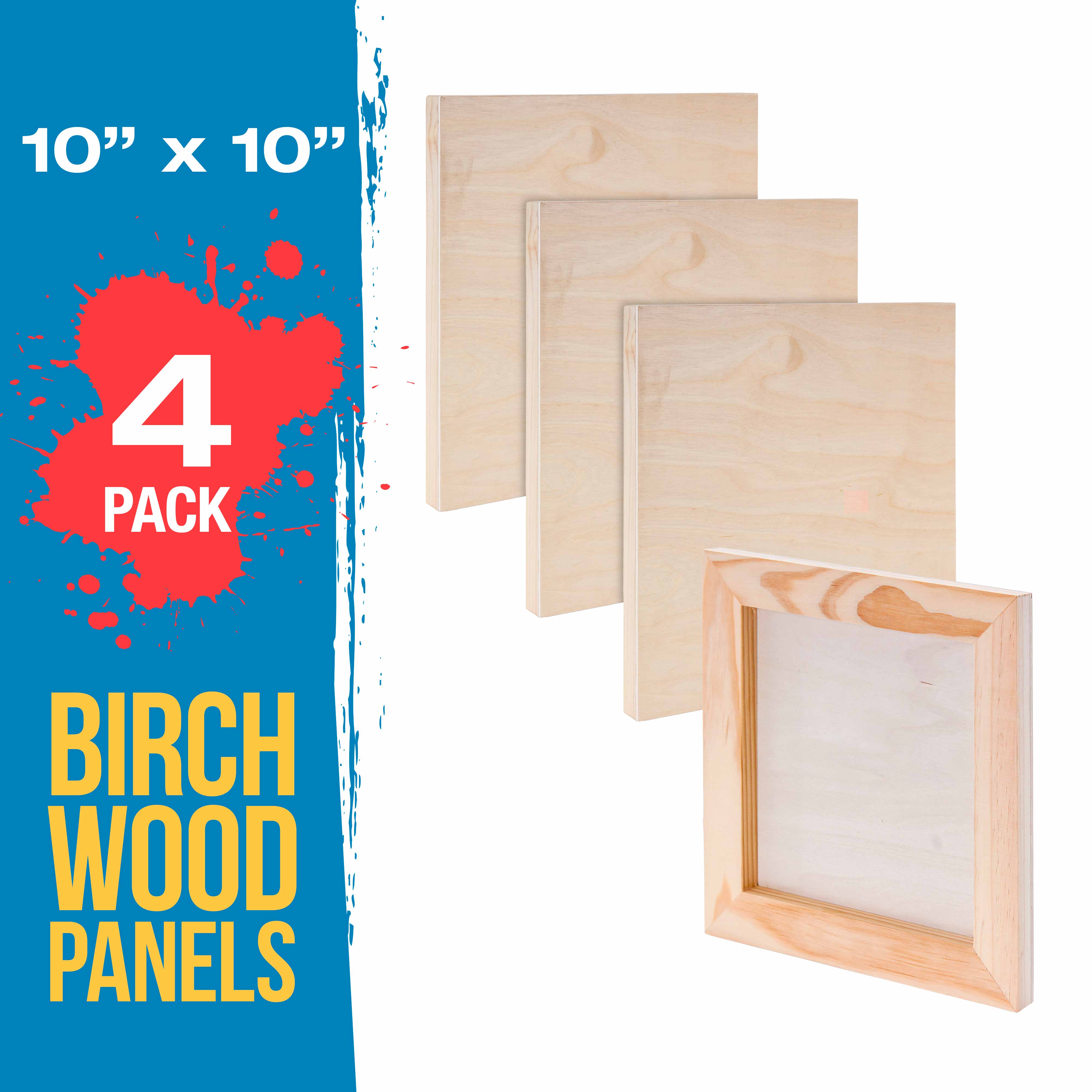 4 Pack 10x10 Inch Unfinished Cradled Wood Panels for Painting - Studio Birch Wooden Canvas Boards 3/4