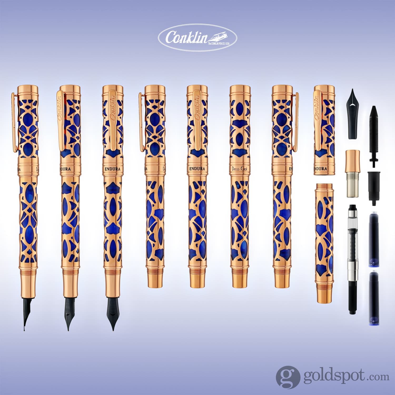 Conklin Endura Deco Crest Fountain Pen - Blue with Rose Gold Trim | Premium Writing Instrument for Calligraphy, Journaling & Gifts