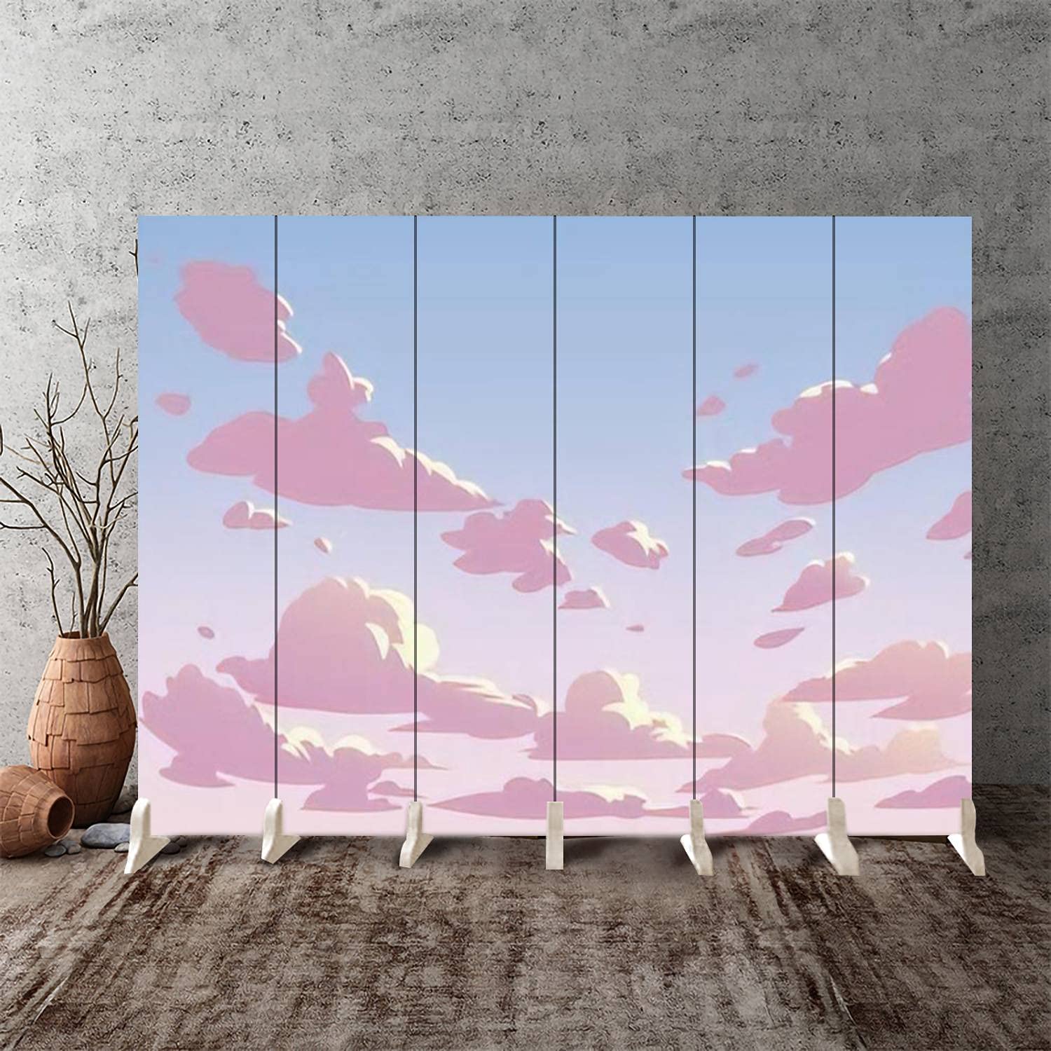 Anime Pink Sky Clouds Canvas Room Divider Screen - 6 Panel Folding Privacy Partition for Bedroom, Office & Studio - Lightweight Portable Room Separator Wall Decor