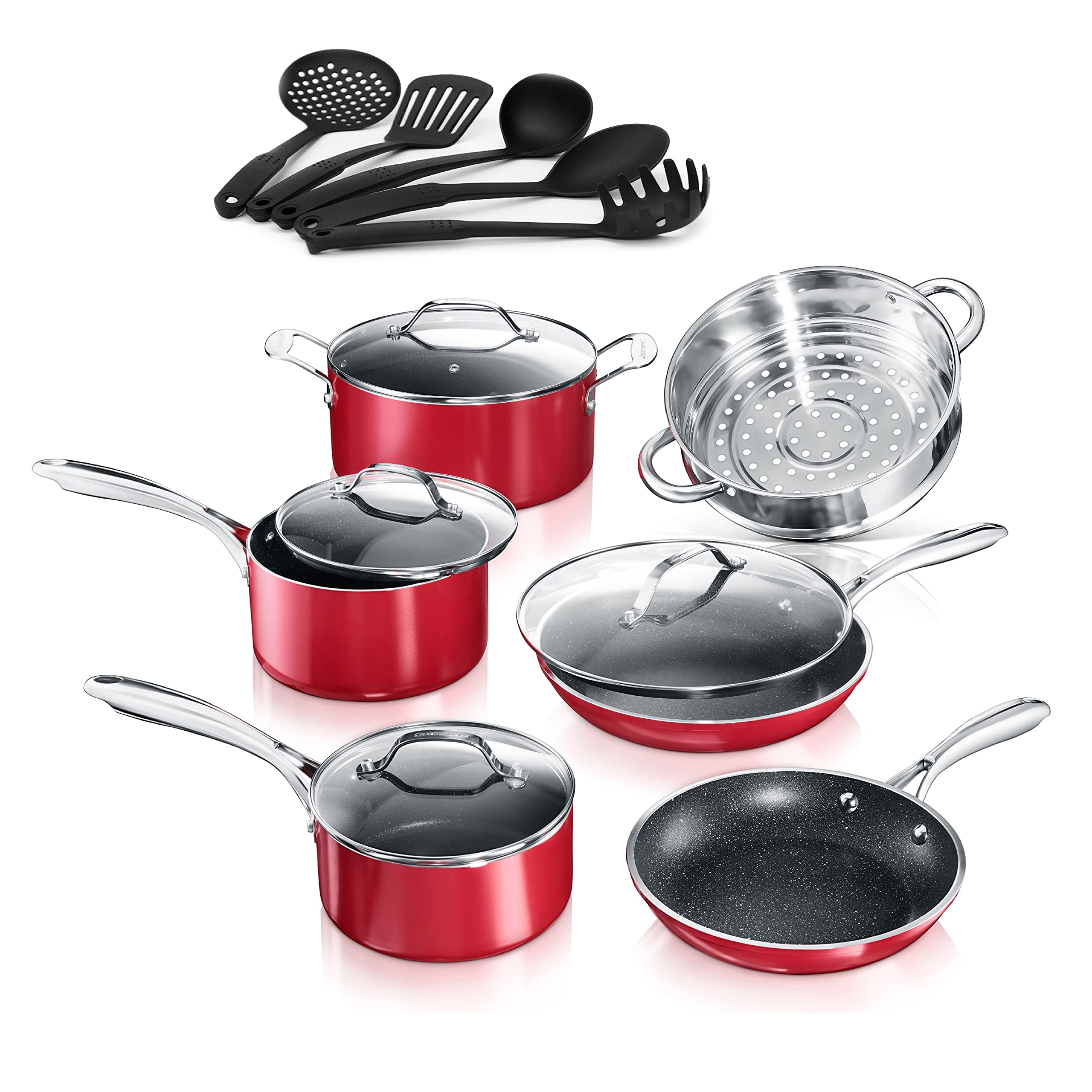 Granite Stone Cookware Set - 12-Piece Nonstick Pots and Pans Set, Red, Durable Scratch-Resistant Kitchen Cookware for Gas & Induction Stovetops - Perfect for Frying, Sautéing, Boiling & Everyday Cooking