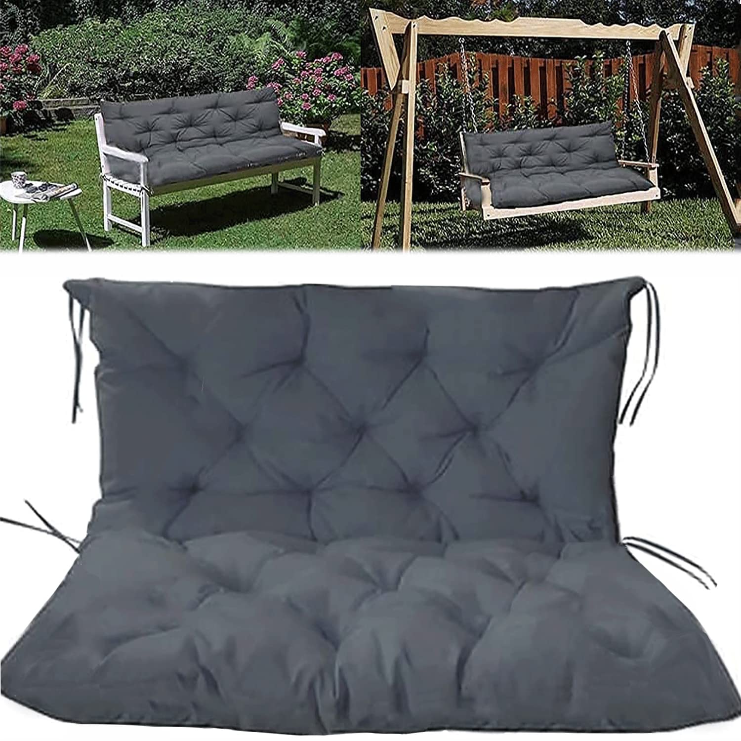 **Replacement Swing Chair Cushion – Soft Waterproof Garden Bench Cushion with Backrest & Non-Slip Ties – 40x59 Inch Dark Grey – Perfect for Porch, Patio & Outdoor Relaxation**