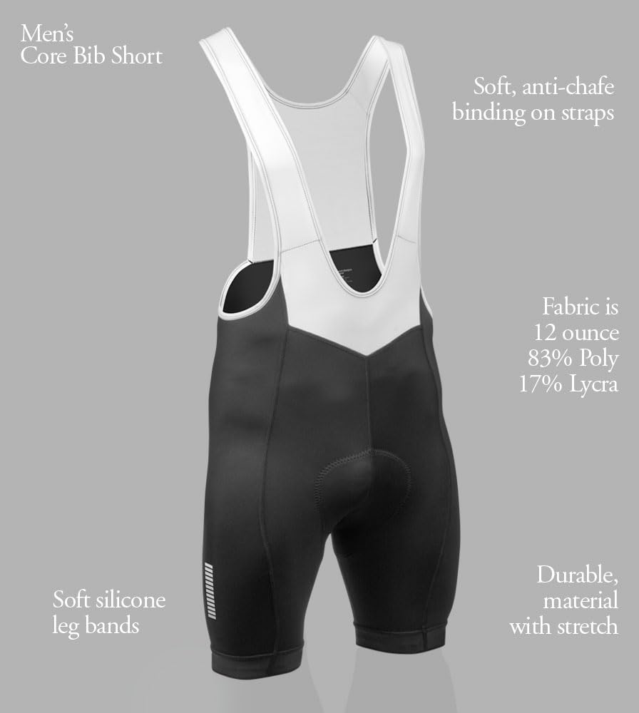 Men's Core Padded Cycling Bib Shorts - Long Distance Comfort Black Bike Shorts | USA Made | Perfect for Road Biking, Indoor Training & Triathlon Races