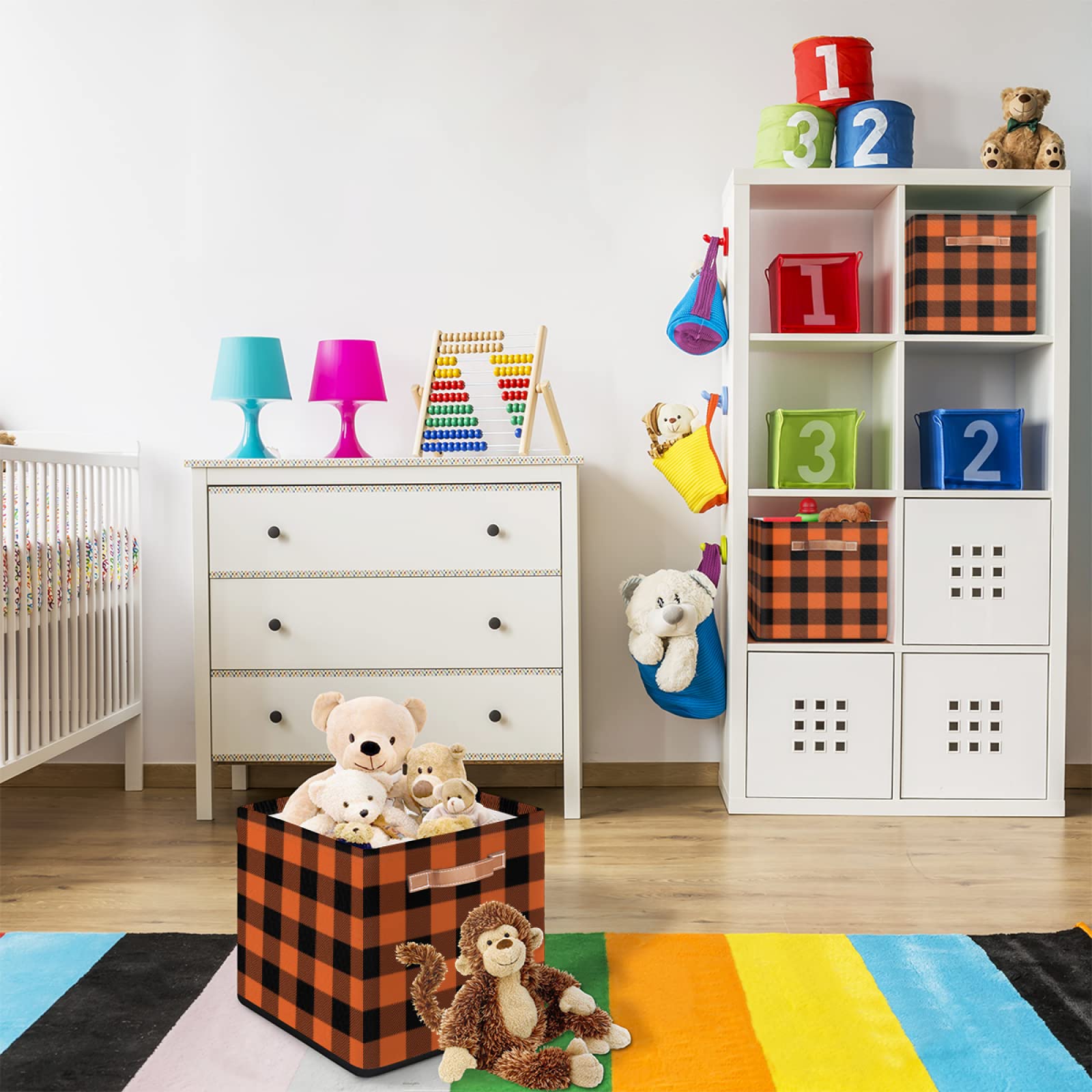 AUUXVA 13x13 Inch Large Collapsible Storage Cube Bin - Orange Black Plaid Check Fabric Basket with Handles for Home Organization | Perfect for Closet Shelves, Nursery Toys, Bedroom & Living Room Storage