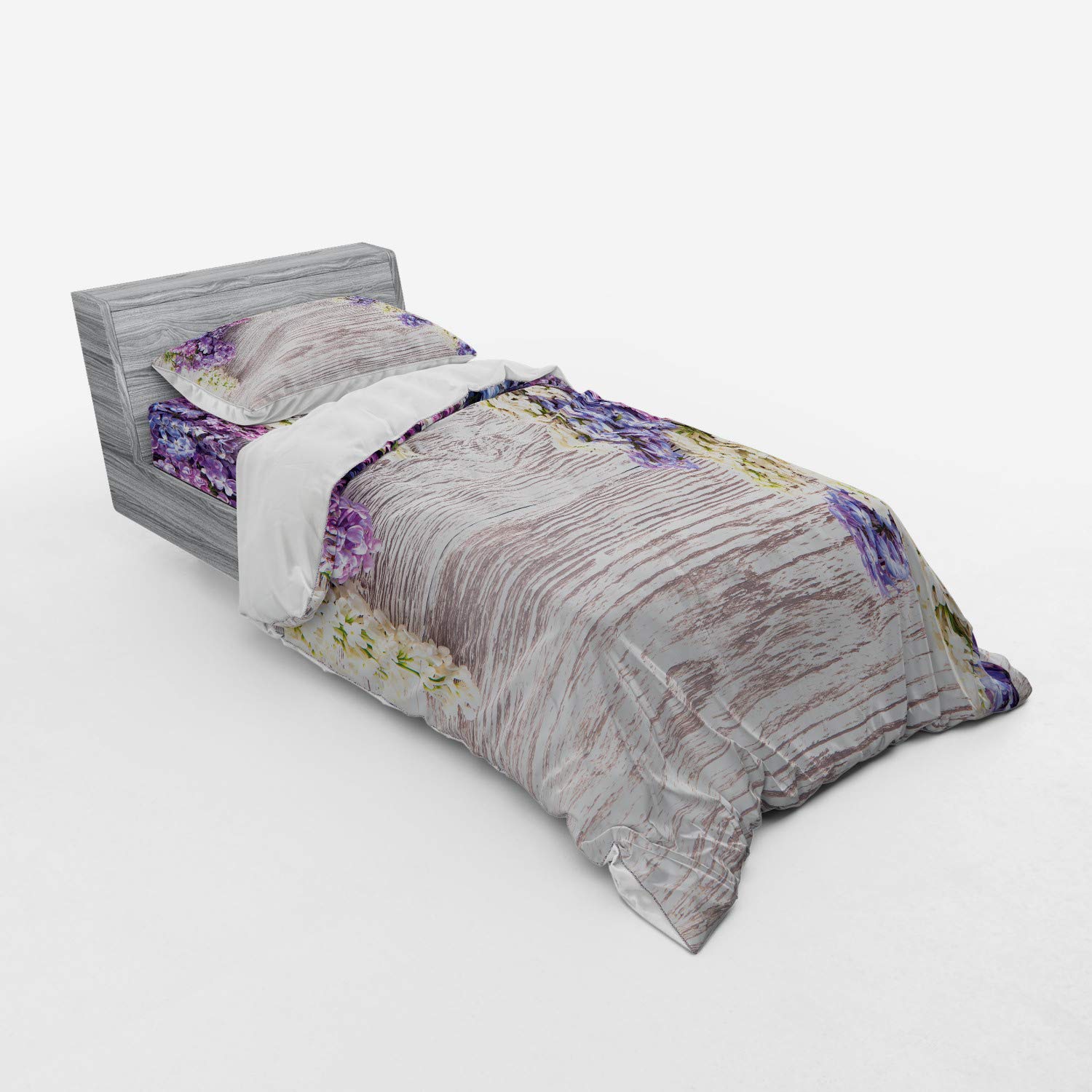 Ambesonne Rustic Bedding Set - Lilac Floral Bouquet on Wood Table Duvet Cover, 3-Piece Set with Pillow Sham & Fitted Sheet, Twin Size in Lilac/Violet/Dark Taupe | Spring Nature Romance Theme for Cozy Bedroom Decor