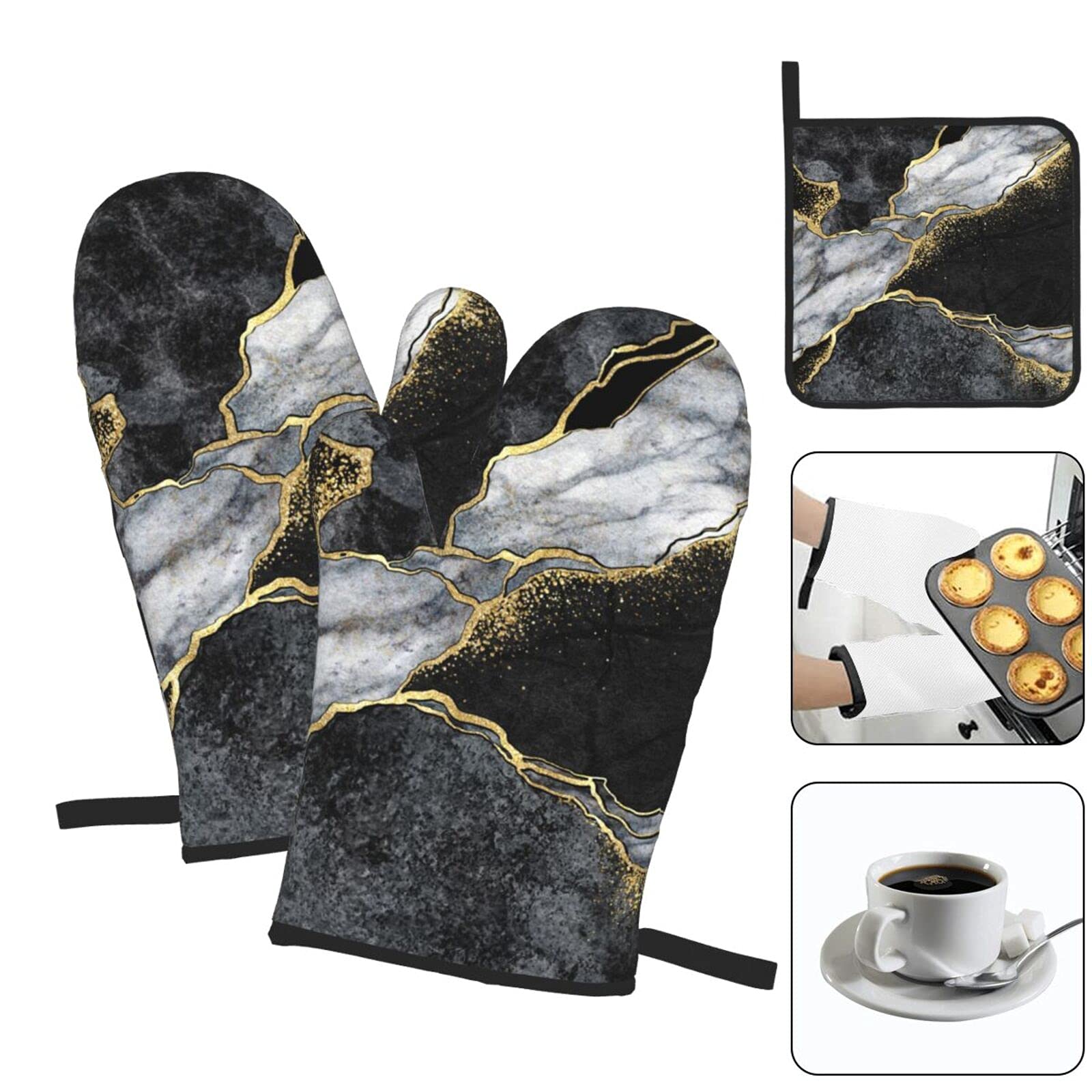 Heat Resistant Oven Mitts and Pot Holders Set of 3 - Black Marble Gold Crack Design, Non-Slip Kitchen Gloves for Baking, Cooking, Grilling & BBQ - Perfect for Home Chefs and Holiday Cooking