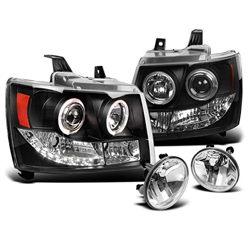 Halo LED Black Projector Headlights with Fog Lights for 2007-2012 Chevy Avalanche Suburban Tahoe - Upgrade Your Night Driving & Off-Road Adventure