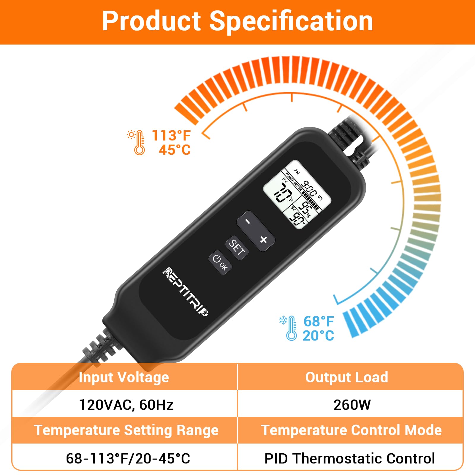 Reptile Thermostat with Temperature Probe - Dimmable PID Temperature Controller for Heat Lamps & Heating Pads, ℉/℃ Switchable with Memory Function - Ideal for Terrariums, Vivariums & Reptile Habitats