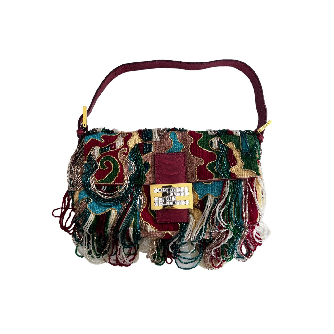 FENDI Multicolor Beaded Wave Print Fringe Baguette Bag - Stylish Crossbody Purse for Women, Perfect for Parties, Weddings & Evening Events