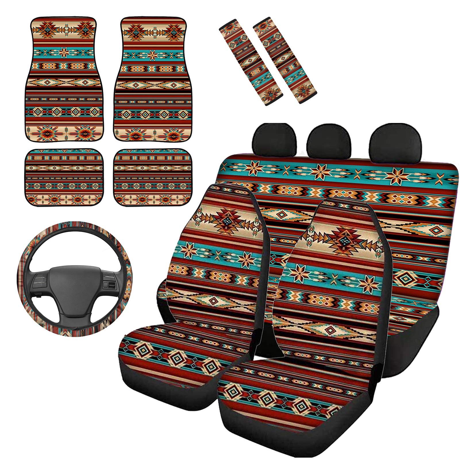 CLOHOMIN Southwest Style Aztec Seat Covers for Trucks, Vans & SUVs - Front & Back Seats with Neoprene Steering Wheel Cover & Shoulder Strap Pads - Tribal Native Stripe Design | Perfect for Road Trips & Adventure Travel