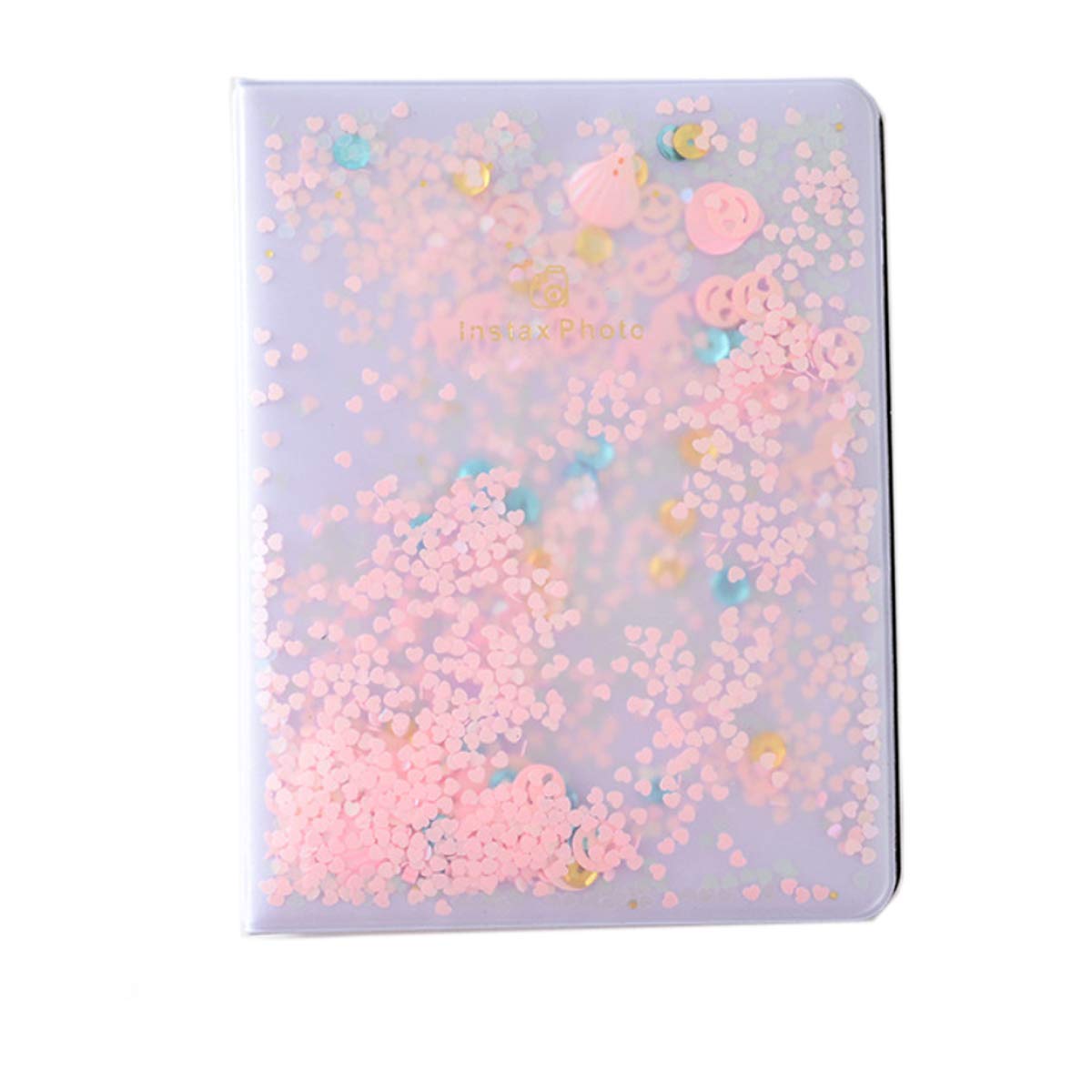 Uniuni Quicksand Rhinestone Photo Album - 32 Pockets Scrapbook for Fujifilm Instax Wide 300/210 Film, 5 Inch Pictures, Love Smile Face & Seashell Design, Name Card Holder (Pink) - Perfect for Wedding, Baby Shower & Party Memories