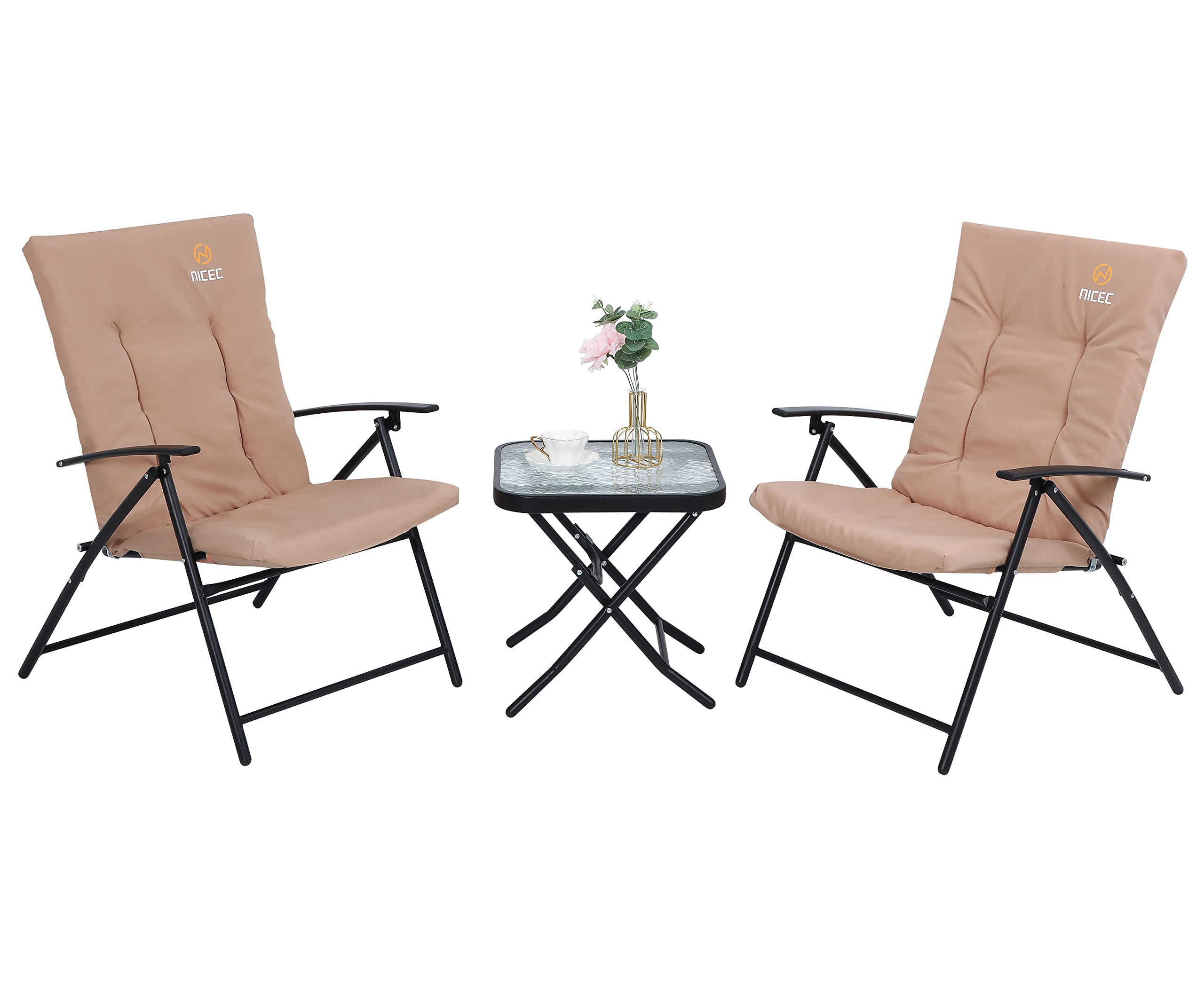 Outdoor Patio Bistro Set with Glass Table & 2 Folding Chairs - 3 Piece Nude Color Garden Furniture for Balcony, Deck or Backyard Dining