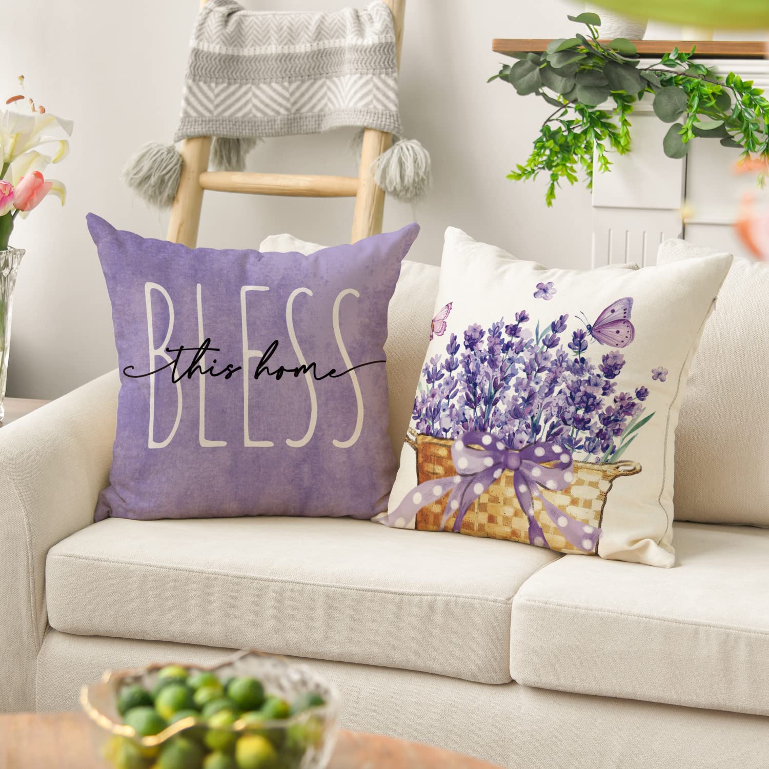 Lavender Home Sweet Home Throw Pillow Covers 18x18 Inch - Set of 4 Purple Spring Summer Cushion Cases for Sofa & Couch Decor - Perfect for Living Room, Bedroom & Home Blessing Gifts