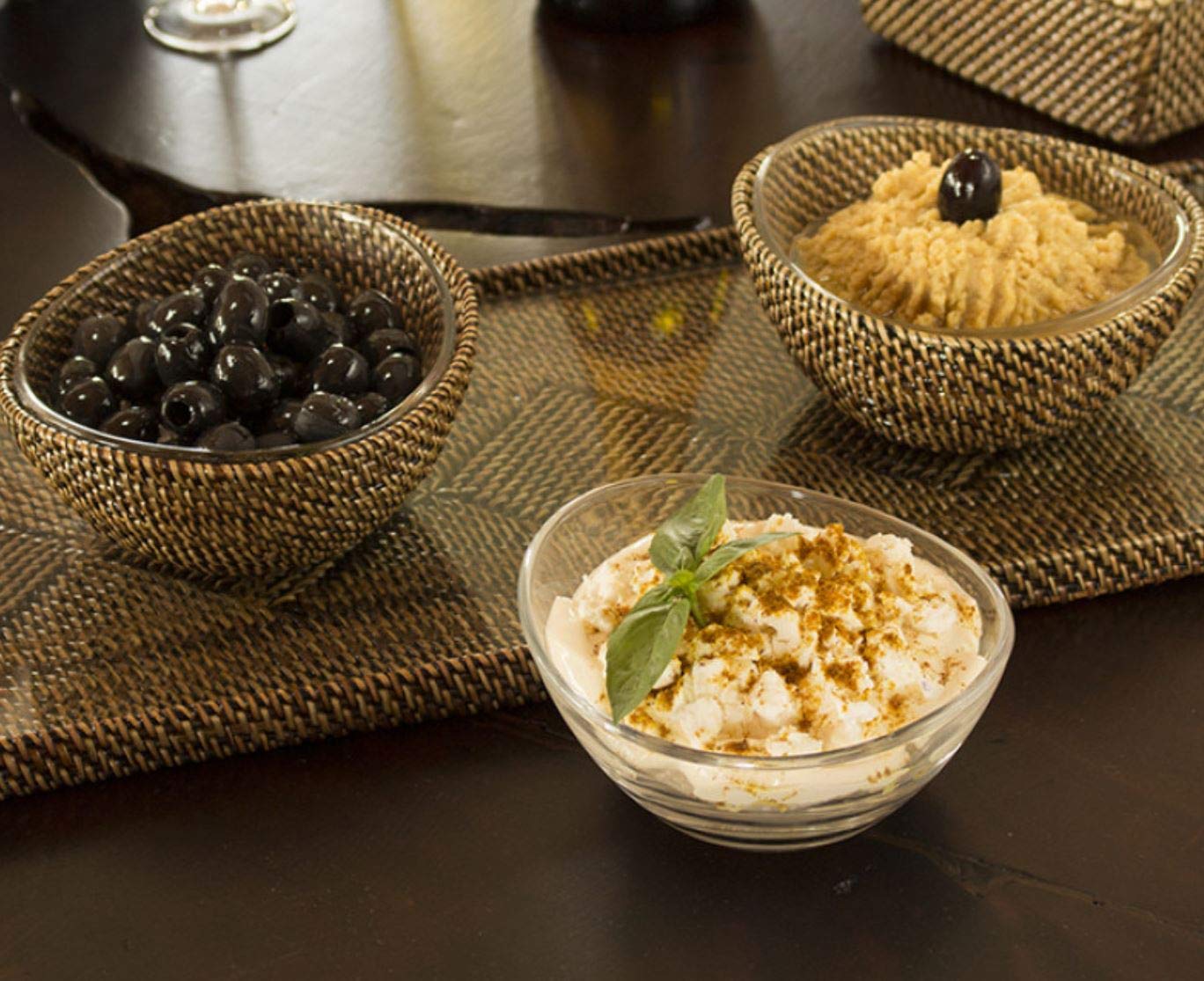 Set of 2 Small Woven Serving Bowls with Removable Crescent Glass Bowl Inserts - Perfect for Salads, Snacks & Party Appetizers - Eco-Friendly Home Dining & Entertaining