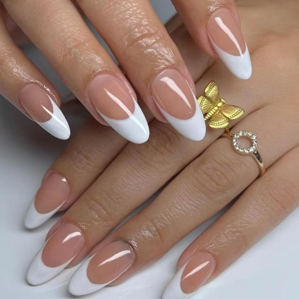24Pcs Press on Nails Medium Length - Short Almond & Square Fake Nails with Glitter Pink Design | Includes Adhesive Tabs & Nail File | Perfect for Women & Girls | Great for Parties, Weddings, Date Nights & Everyday Wear (Natural 3)