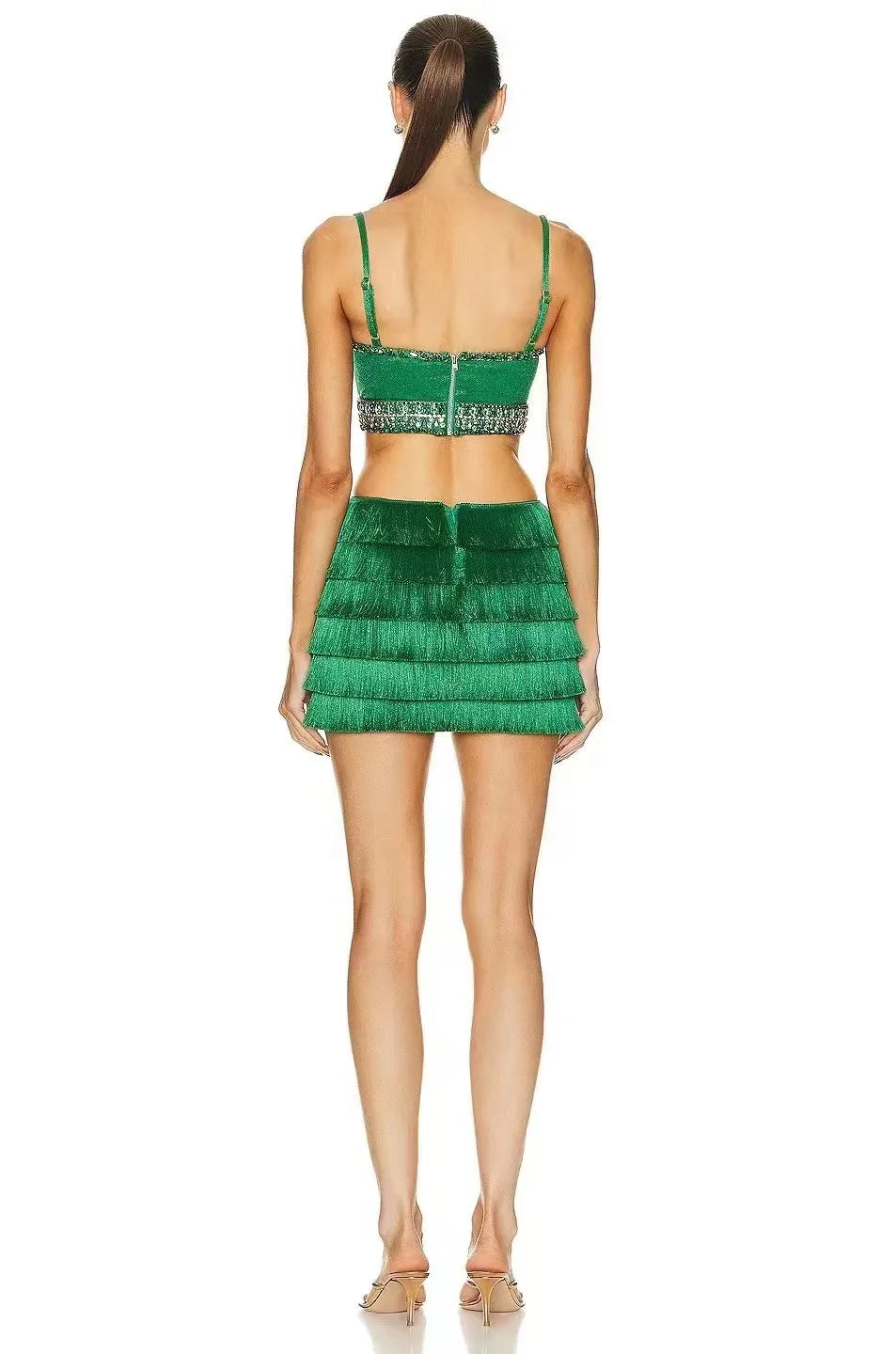 2024 Sexy Green Bodycon Mini Dress with Tassels & Shining Crystals - Women's Bandage Club Dress for Nightclub, Party & Celebrations - Perfect for Clubbing, Bachelorette & Special Occasions