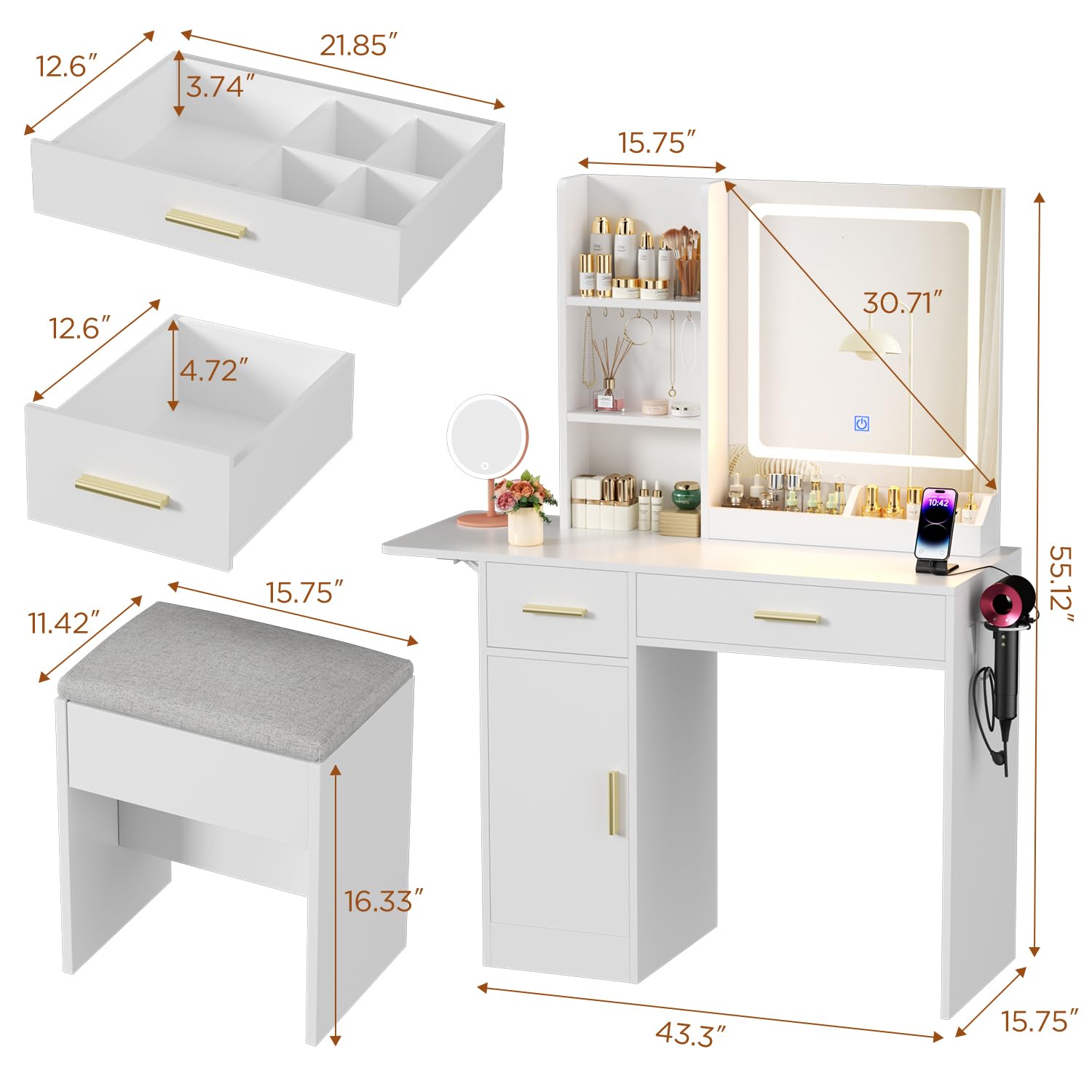 Vanity Desk with Mirror and LED Lights - 35.43