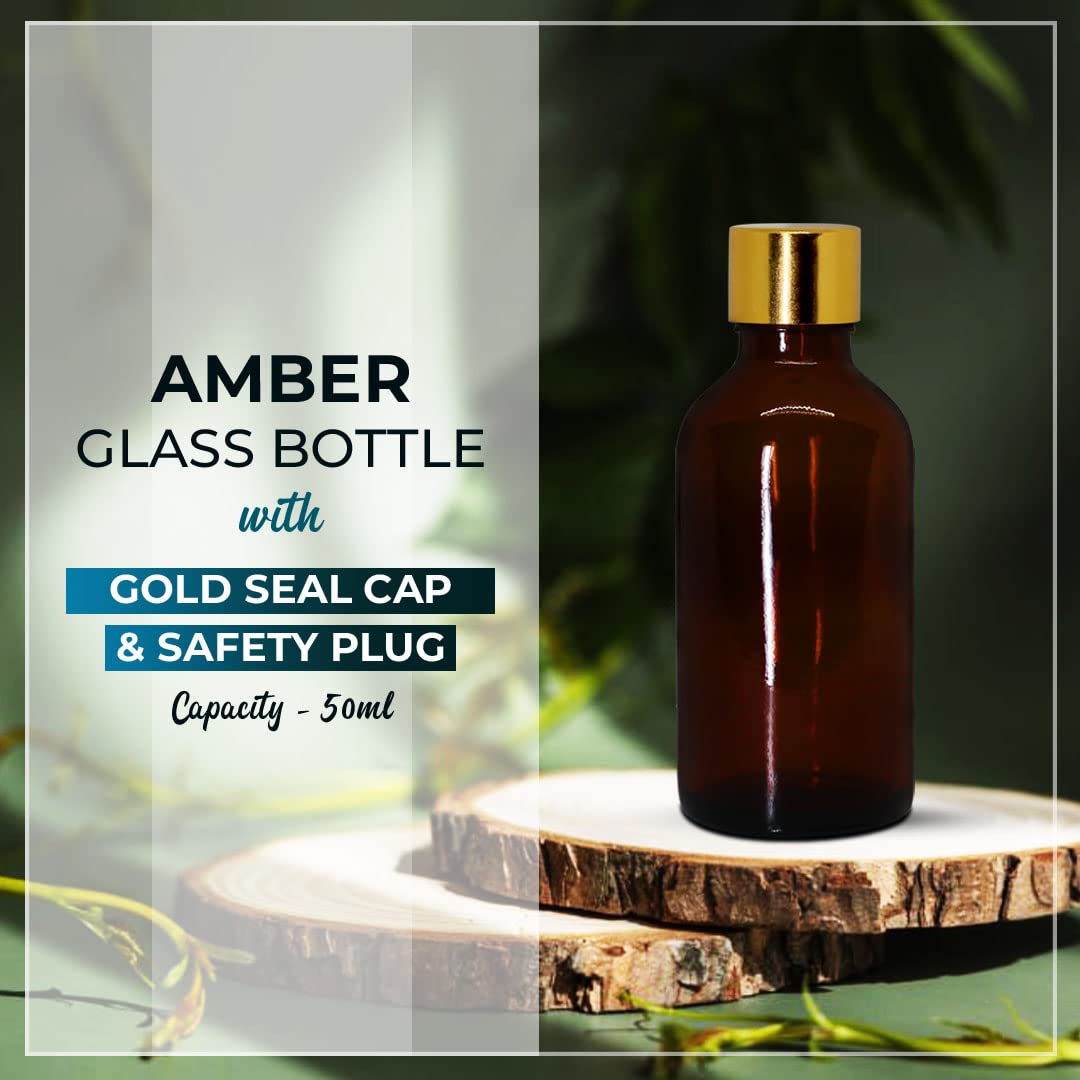 NSB Herbals 50ml Amber Round Empty Glass Bottle with Gold Seal Cap & Safety Plug - Refillable, Leak Proof for Essential Oils, Perfumes, DIY Beauty Products (Pack of 3) - Perfect for Aromatherapy, Travel & Home Storage