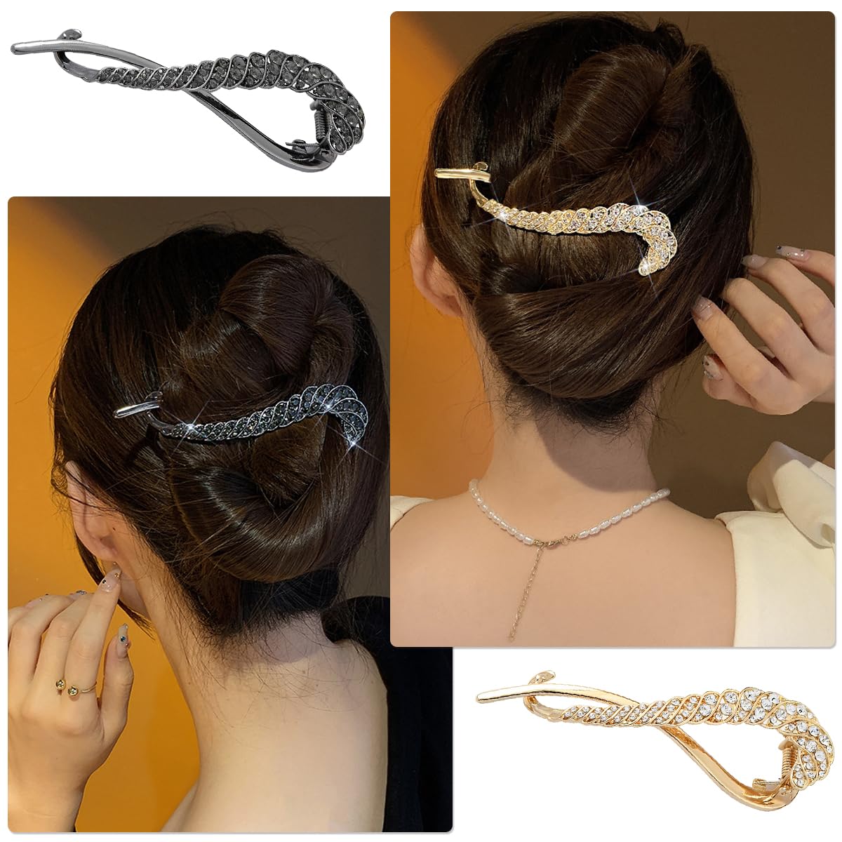 PALAY® 2-Pack Rhinestone Hair Bun Clips for Women - French Style Metal Bun Makers for Medium to Thick Hair (Black & Gold Set) | Perfect for Updos, Weddings, Parties & Everyday Elegant Hairstyles